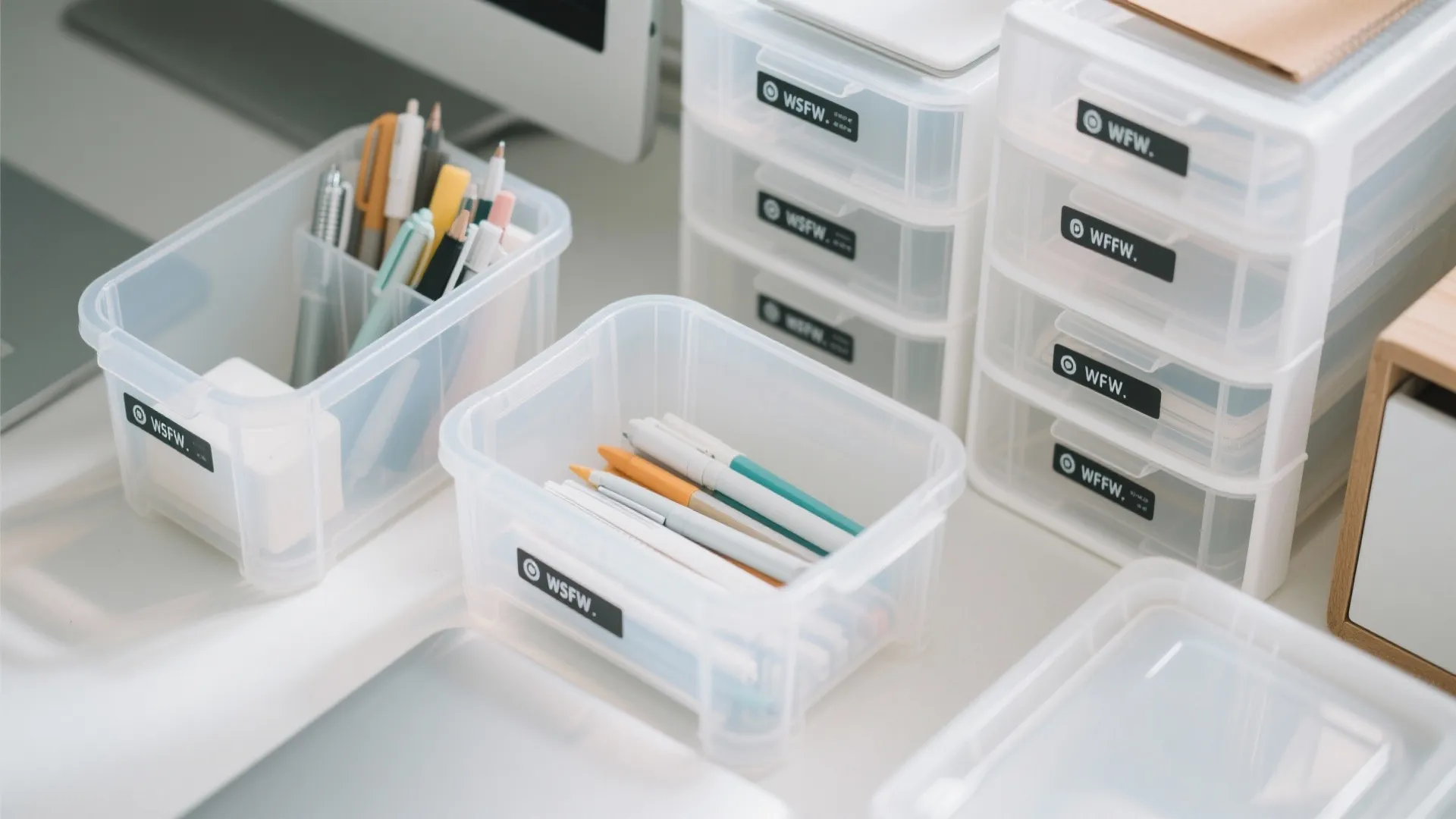 Clear plastic storage bins and small labeled drawers organized with pens and various office supplies