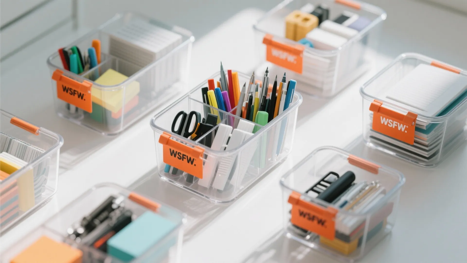 Clear plastic storage bins with orange labels holding pens scissors and various office supply items