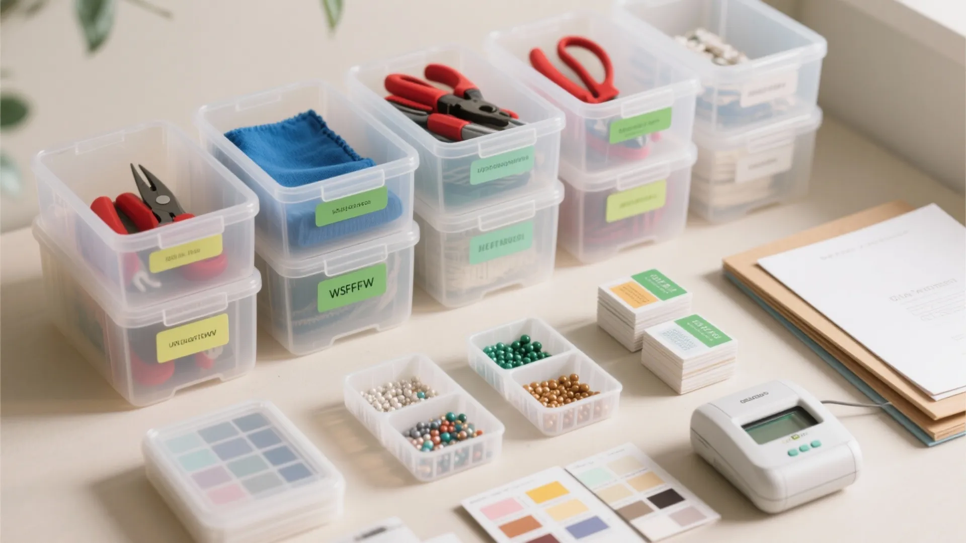 Clear plastic storage bins with green labels holding tools and beads on a white table