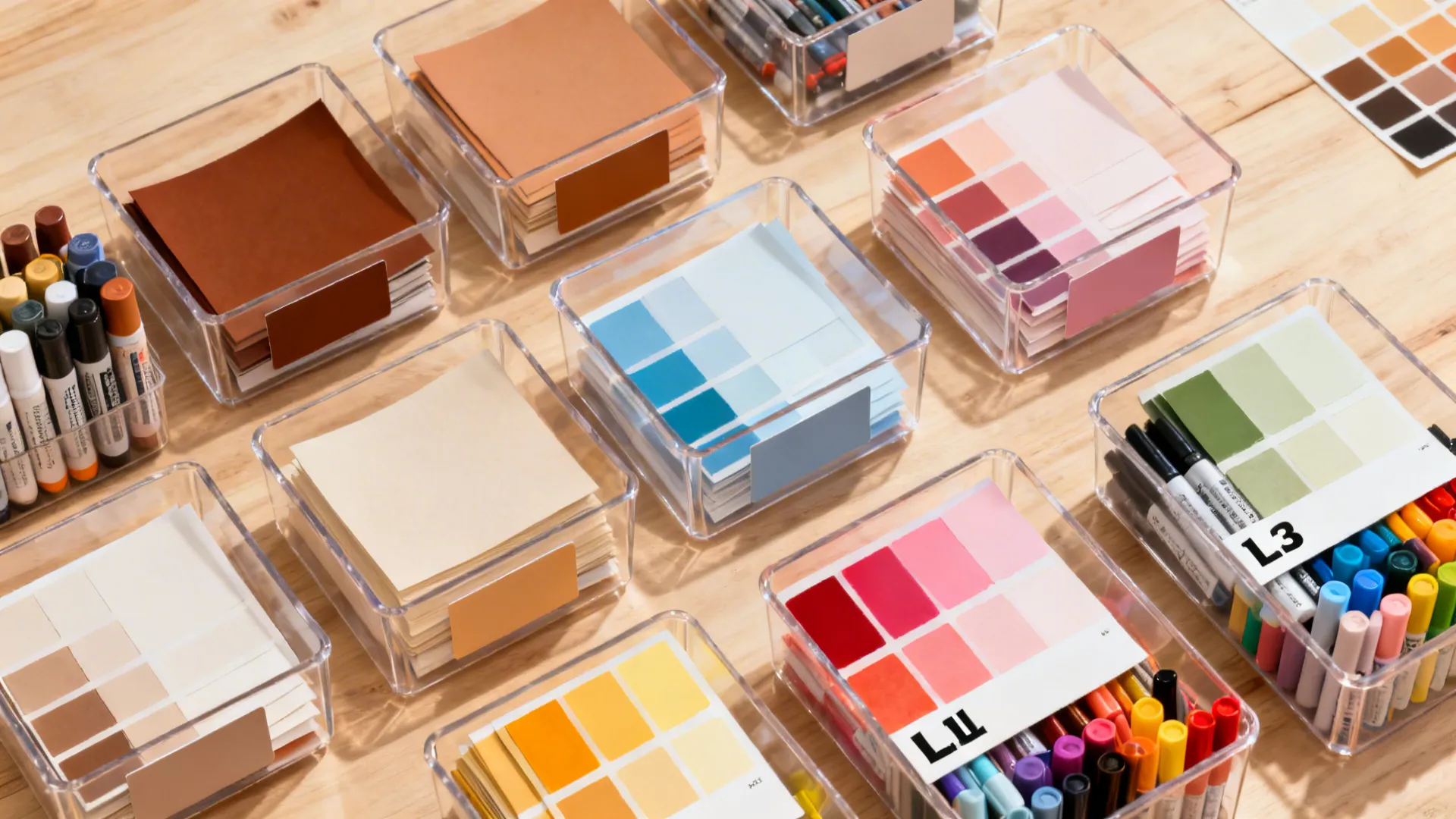 Flat lay of clear labeled bins grouped by earthy, pastel, and bright palettes on a wood surface.