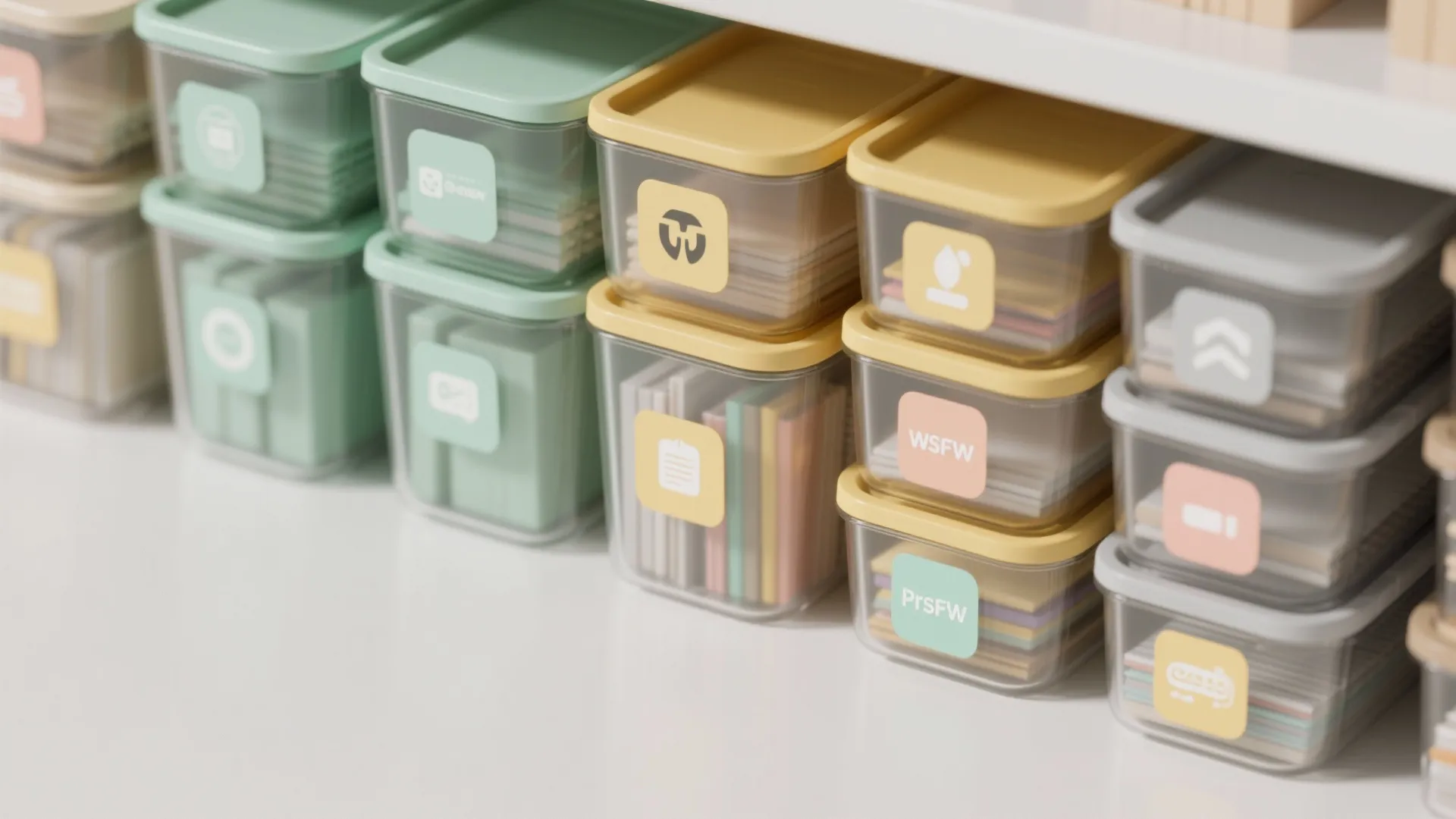 Stacked clear plastic storage bins with colorful labels for organizing small toys on a white shelf
