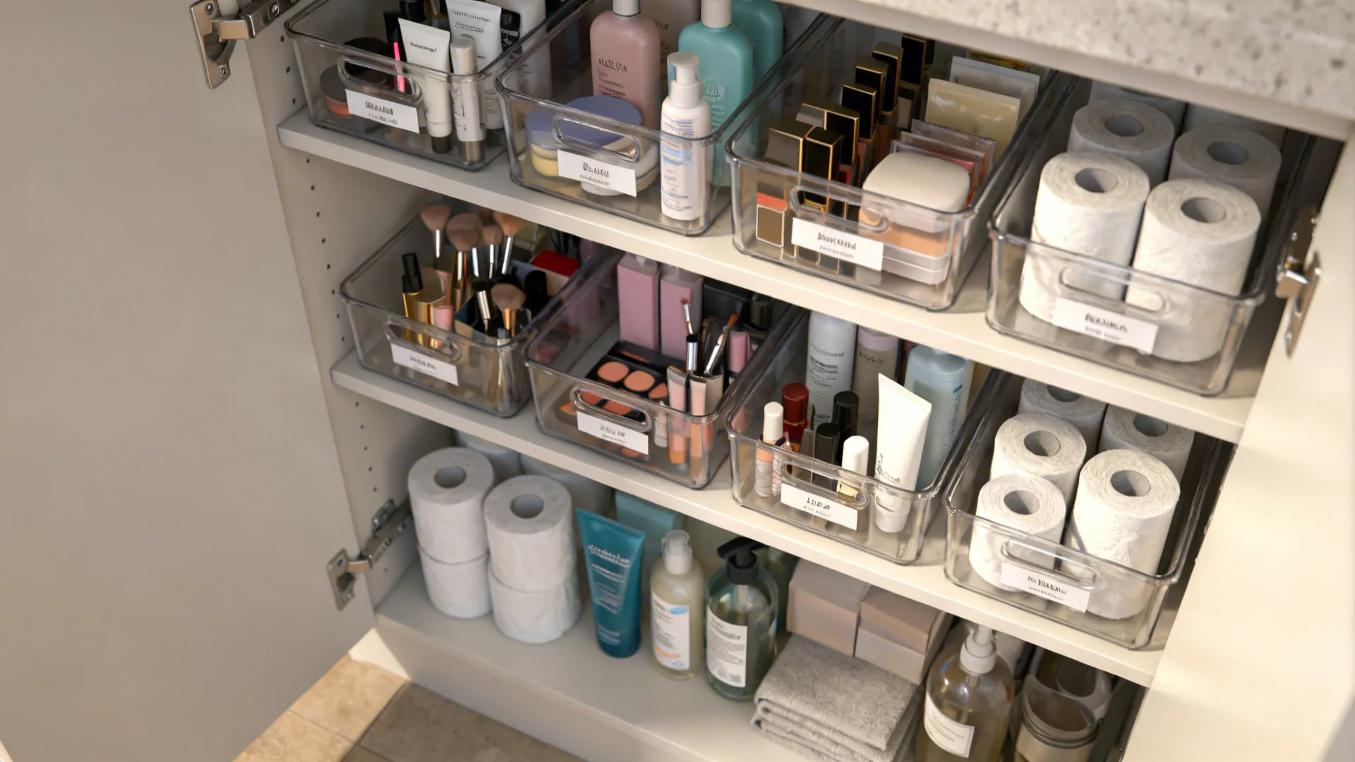 Adjustable shelves inside cabinet with clear labeled bins for toiletries and spare rolls.