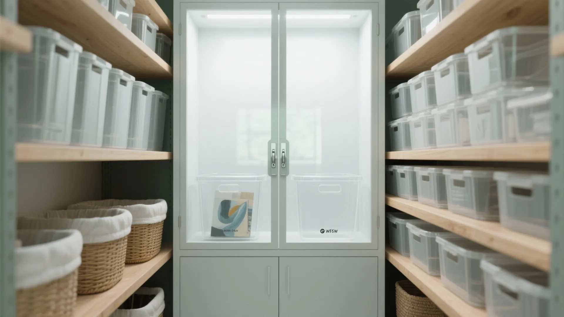 Clear-front storage and transparent bins for visibility