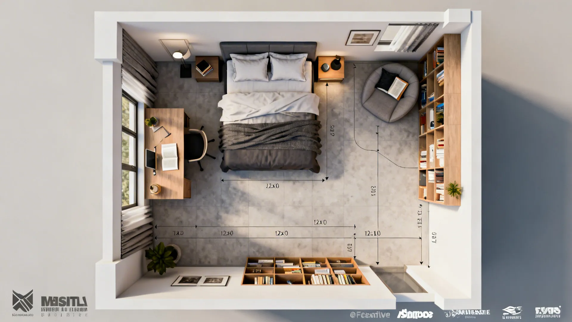 Top-down layout of a 12x10 bedroom showing furniture placement and circulation