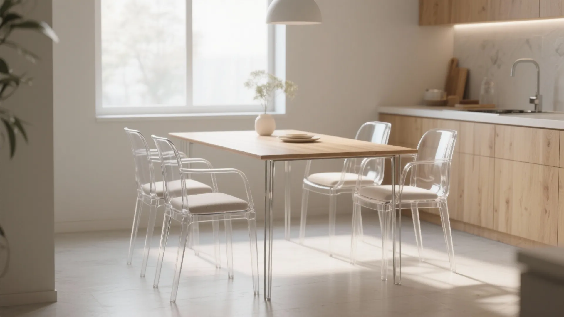 4. Transparent or skimline chairs with a compact table
