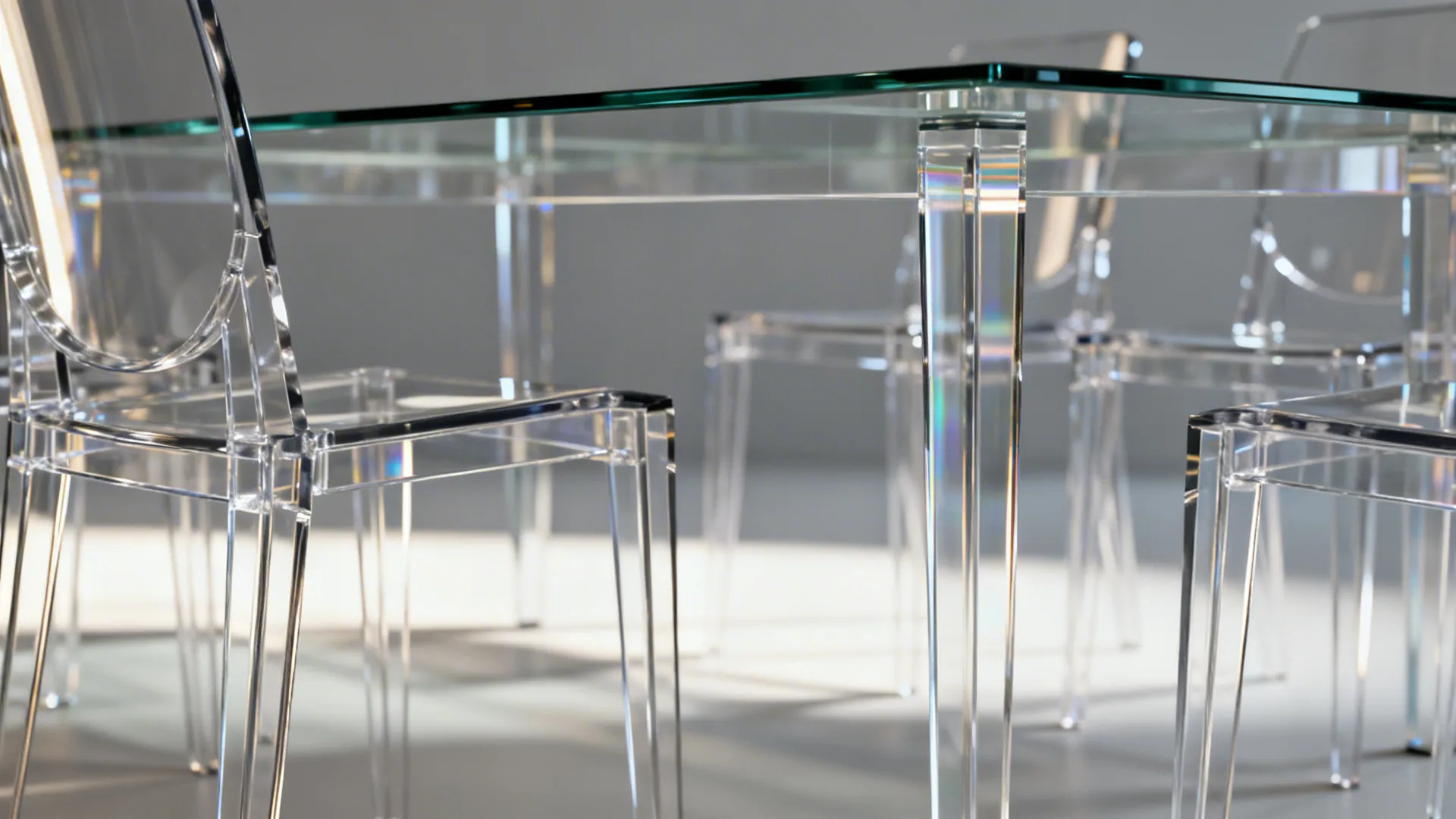 Slim clear acrylic chairs around a glass dining table maintaining open sightlines.