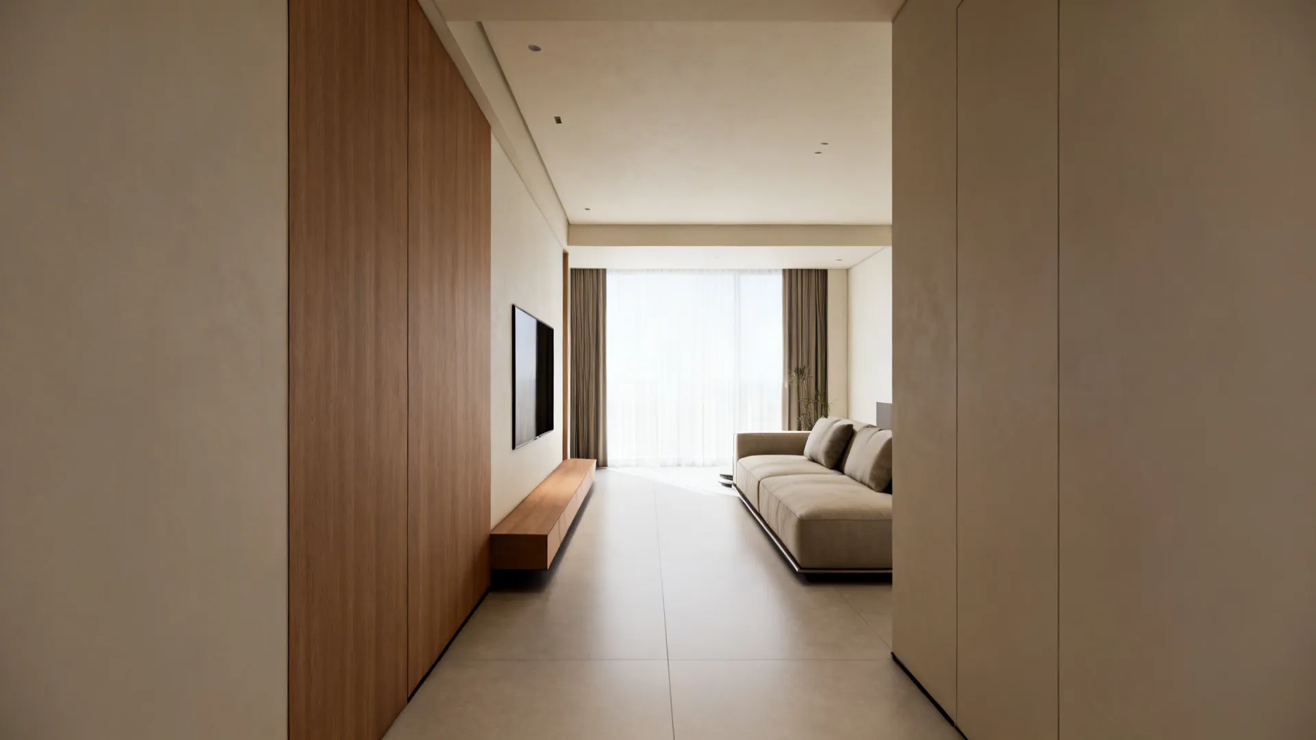 Narrow living room with a defined central walkway between seating, showing comfortable circulation