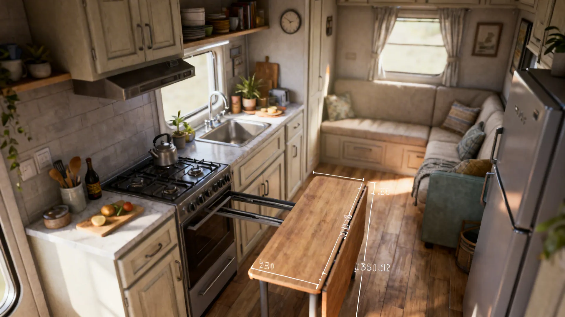 Small combo with a clear pathway between major kitchen workstations and living seating