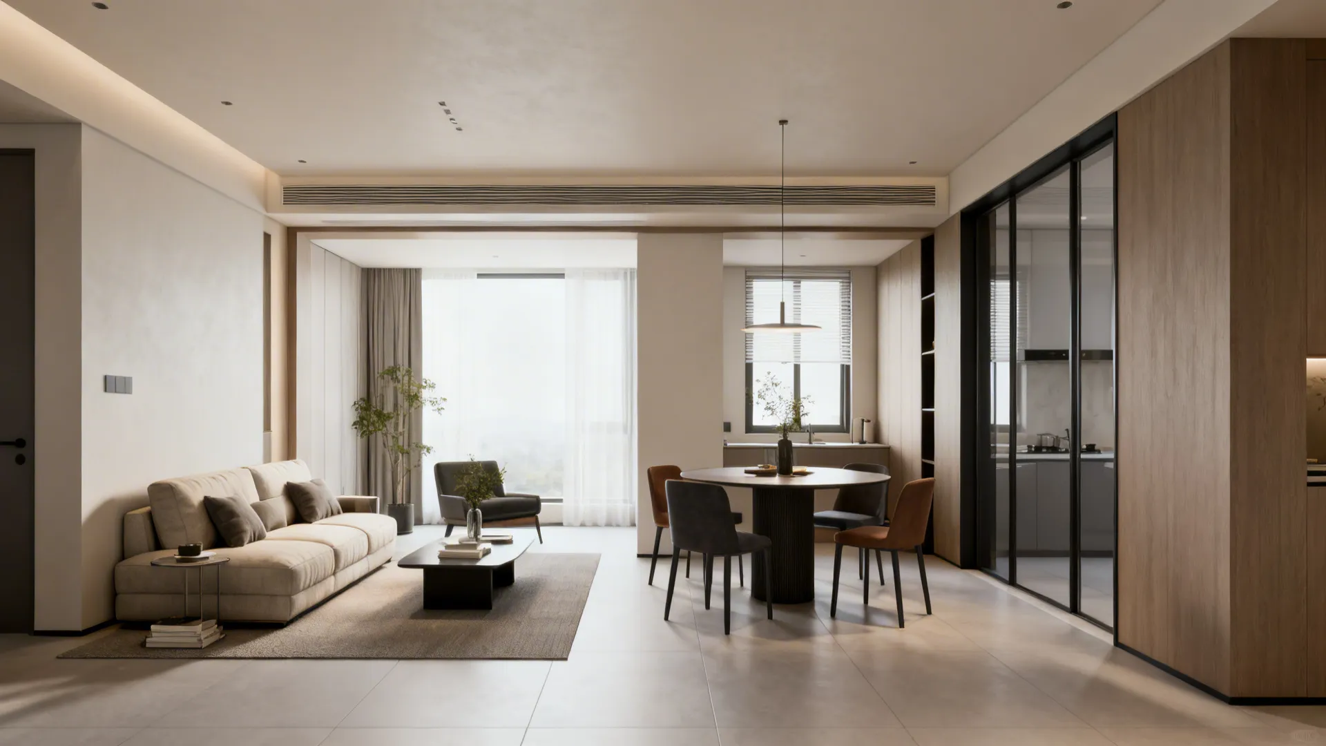 Clear circulation paths around seating and dining areas in an L-shaped layout