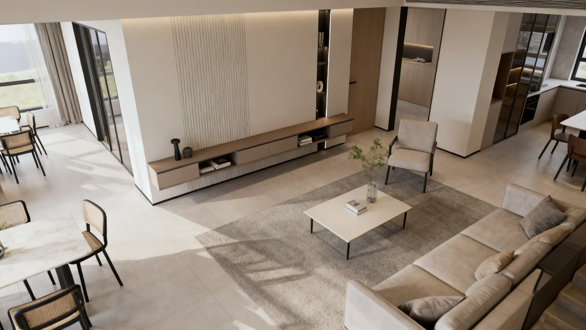 Layout-focused view showing clear circulation and minimal accents in a compact formal living room.