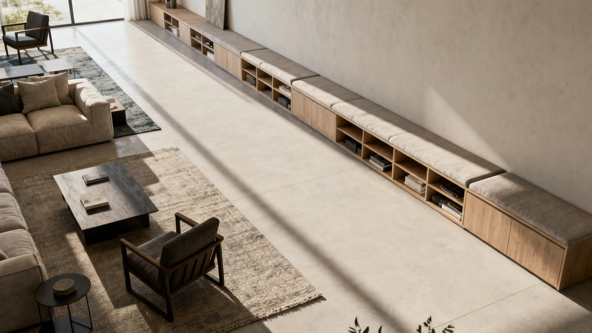 Spacious living room with long wooden storage bench sofas coffee tables and two large rugs