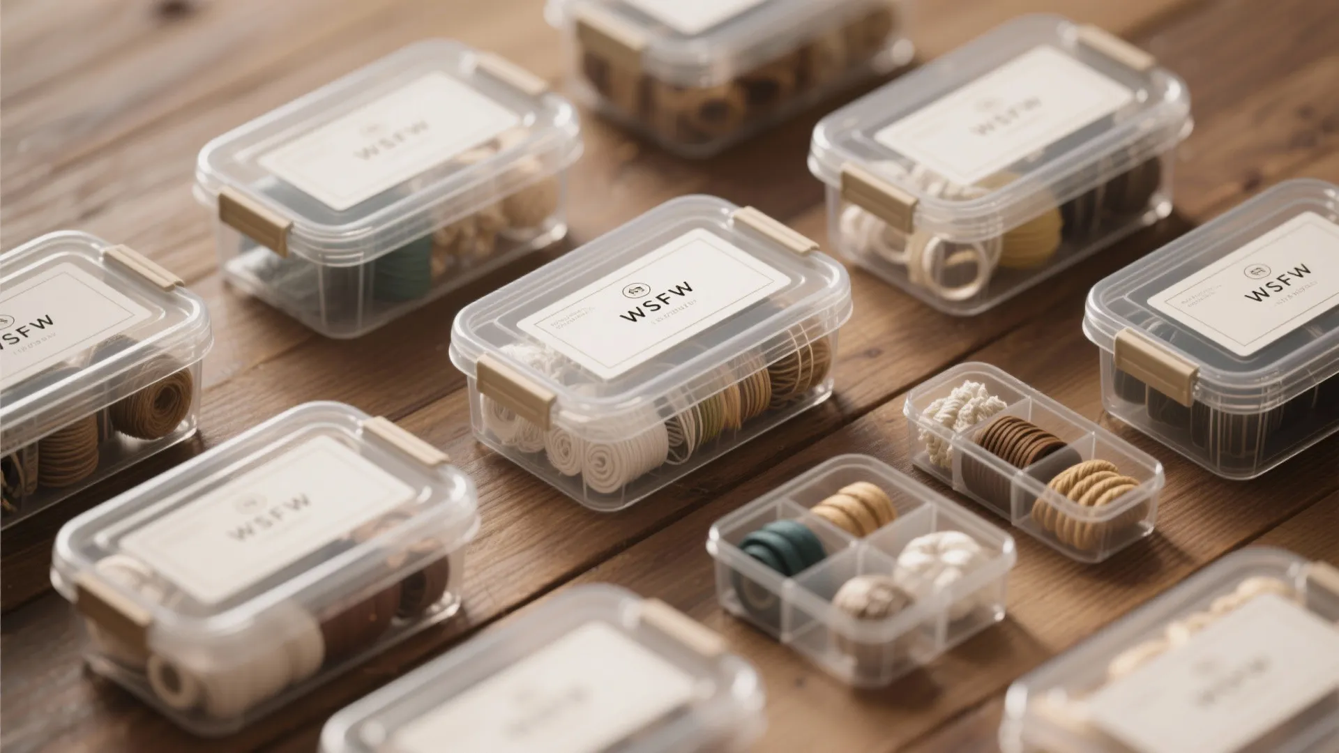 Multiple clear plastic storage containers with labels organized on a dark brown wooden tabletop surface