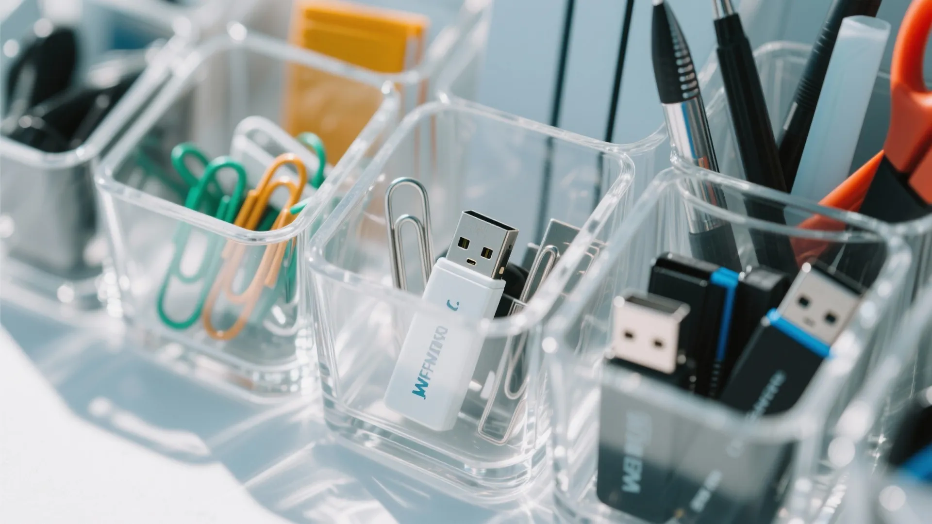 Clear plastic desk organizers containing colorful paper clips usb flash drives pens and office supplies