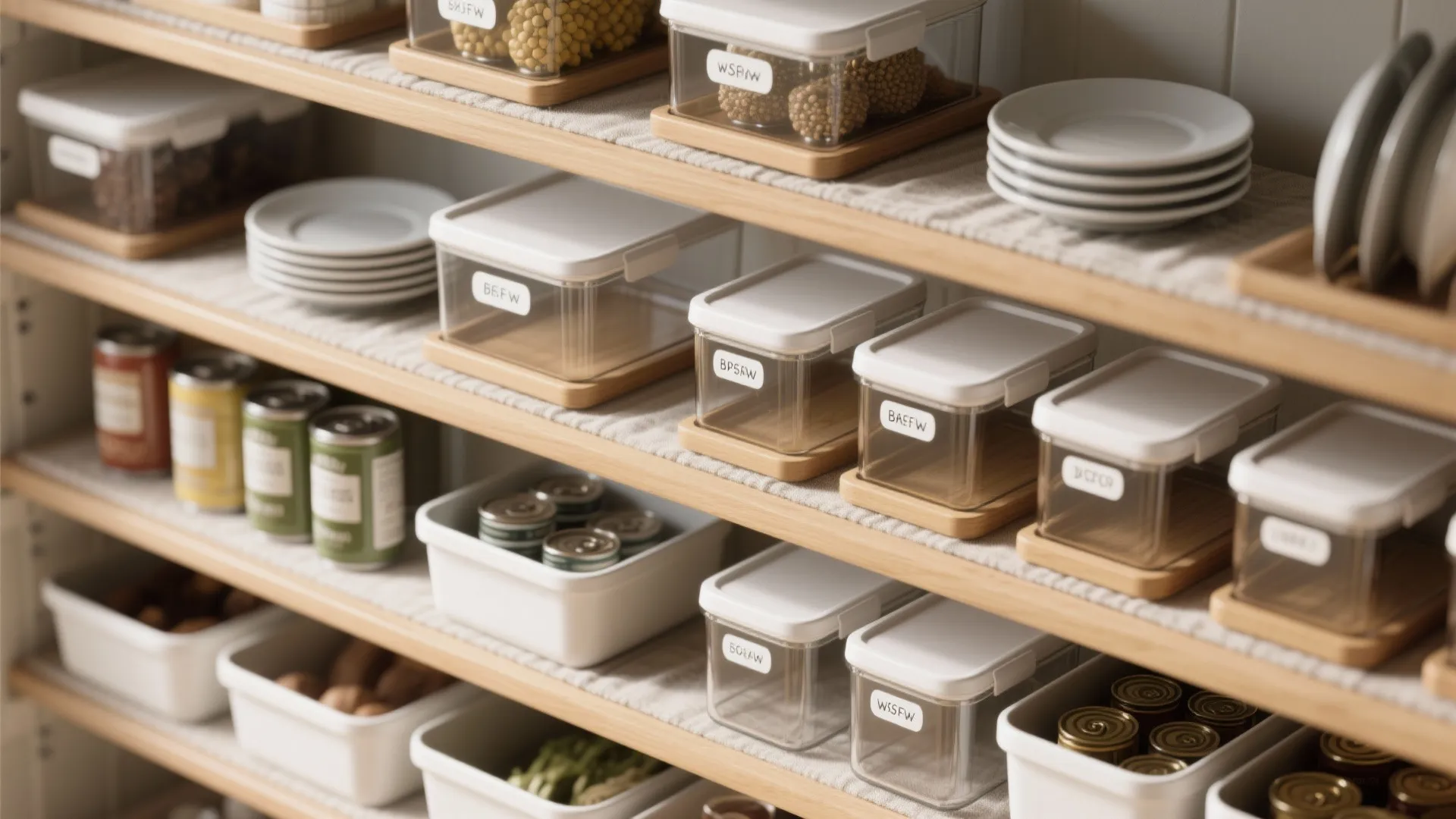 5. Clear containers, labels and tiered risers
