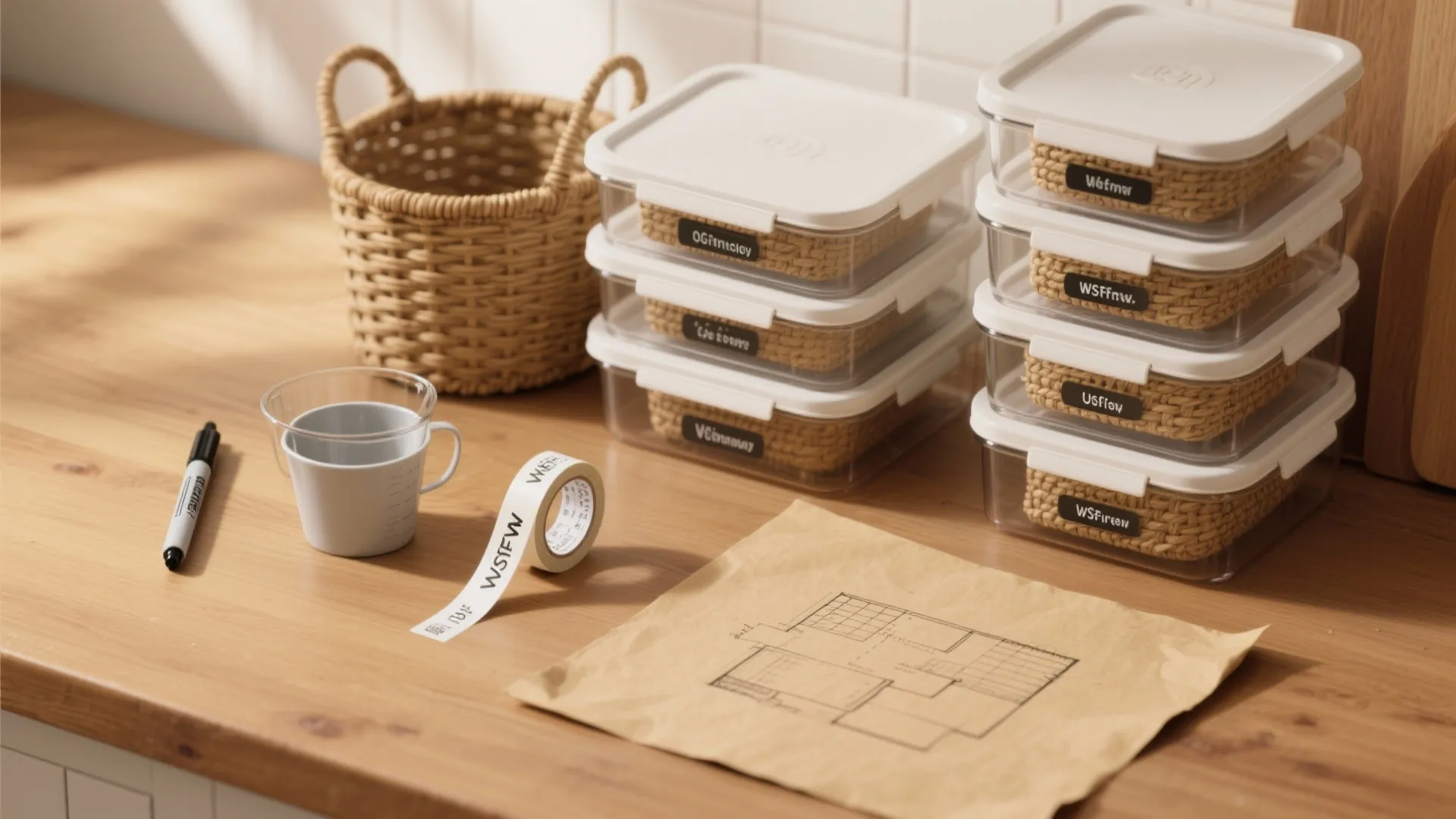 Stacked clear food containers with labels on wooden counter near basket and floor plan paper