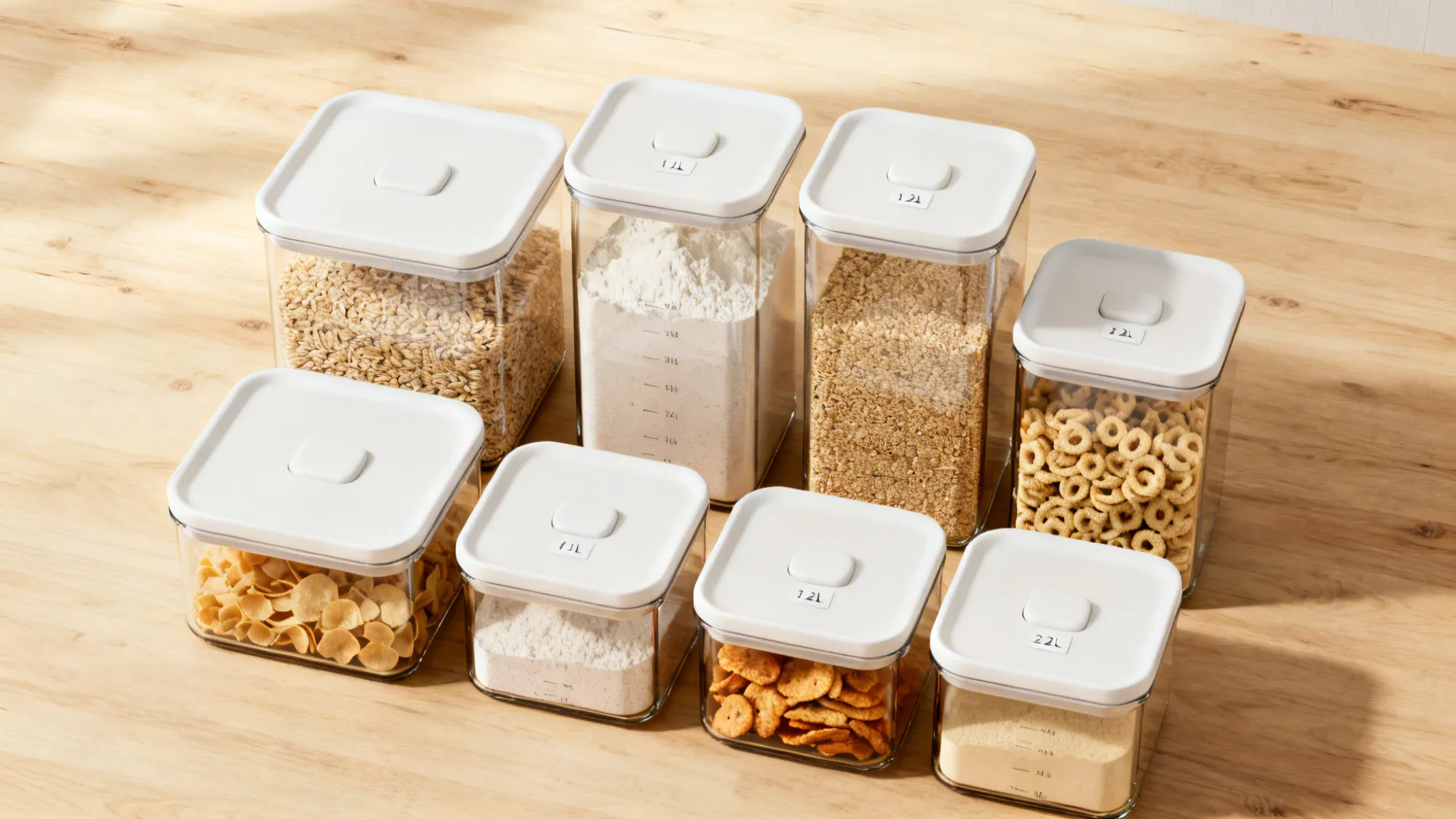 Top-down view of clear airtight pantry containers with grains and cereal on a light oak surface.