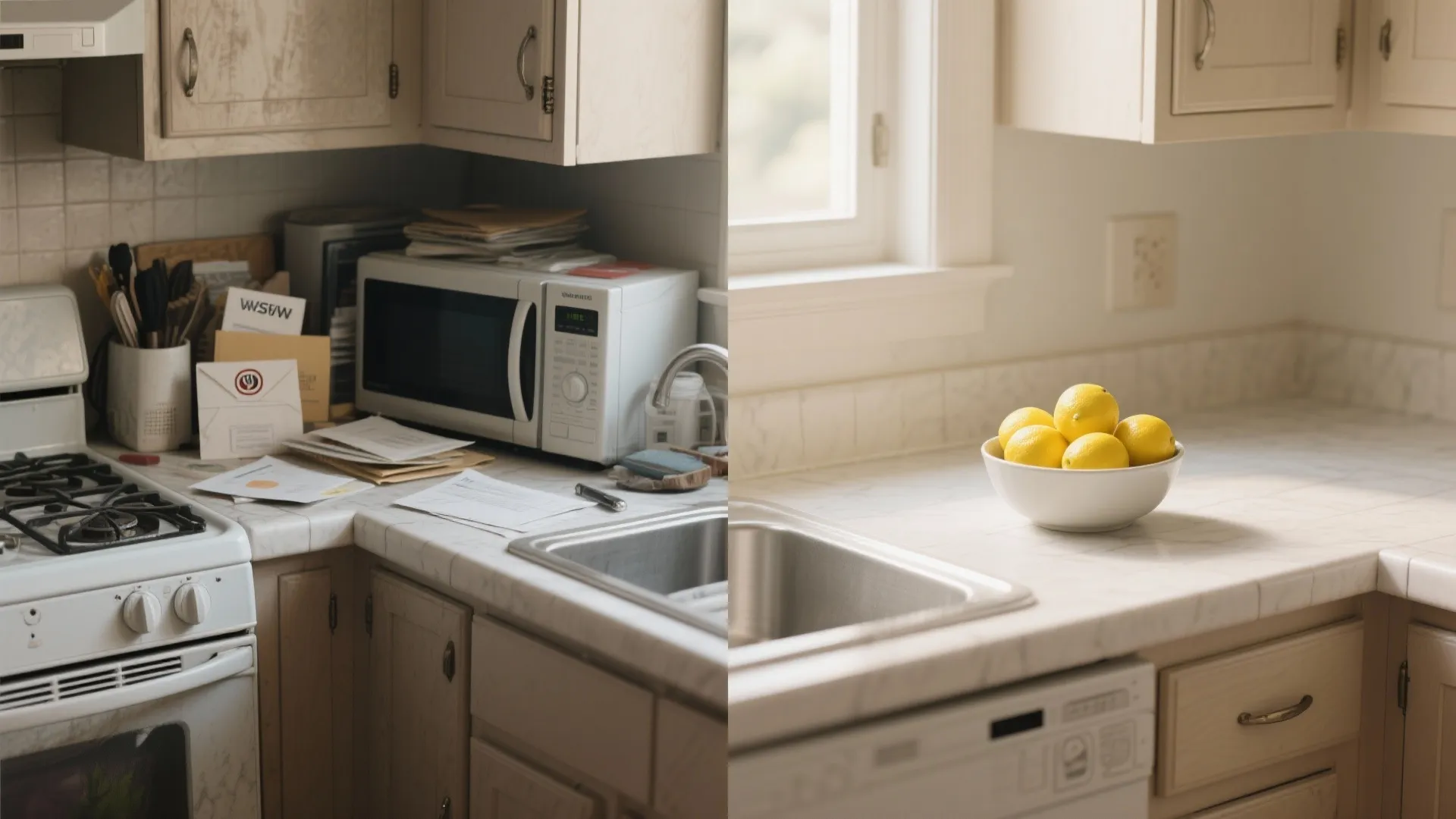 Comparison showing a messy kitchen counter with mail versus a clean marble countertop with lemons