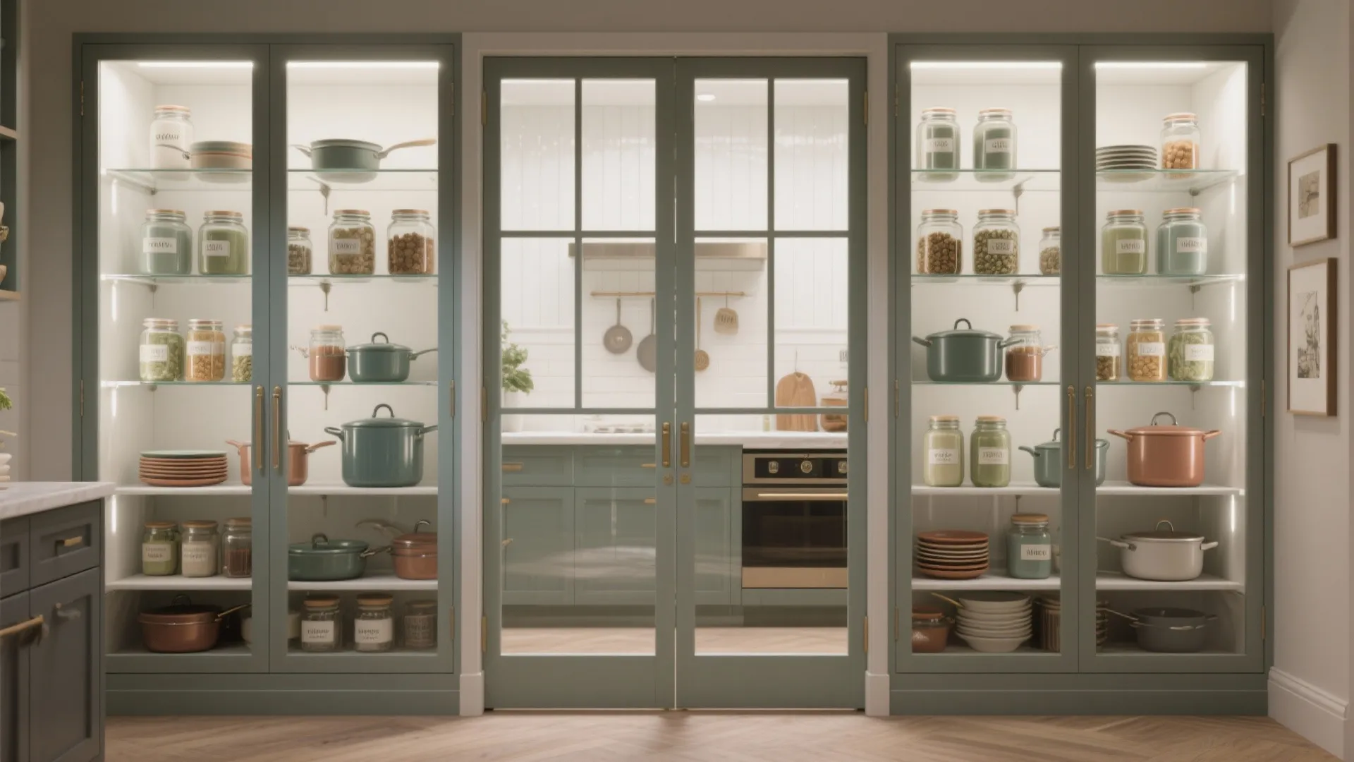 Built in kitchen cabinet with glass doors showing organized glass jars and green pots on shelves