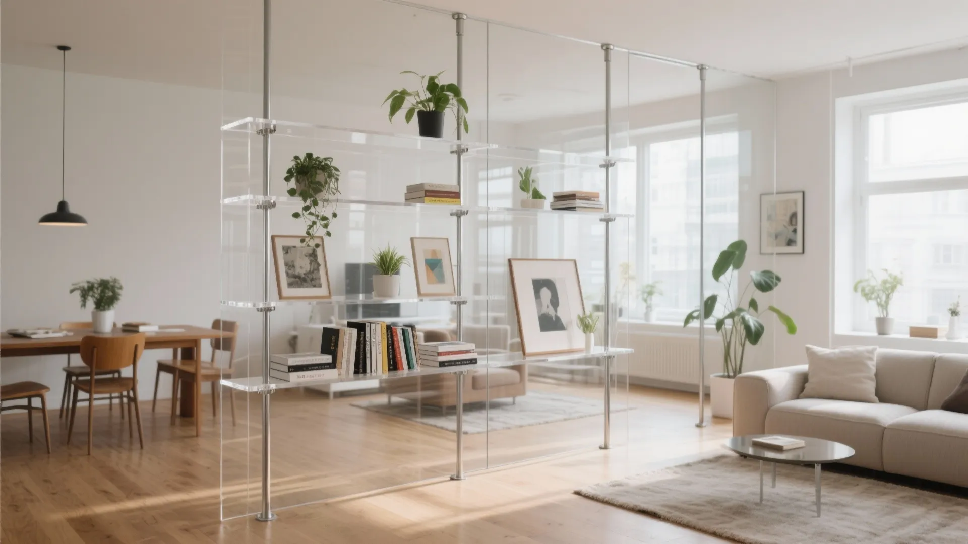 Modern living room with transparent divider shelf books plants sofa and dining table with chairs