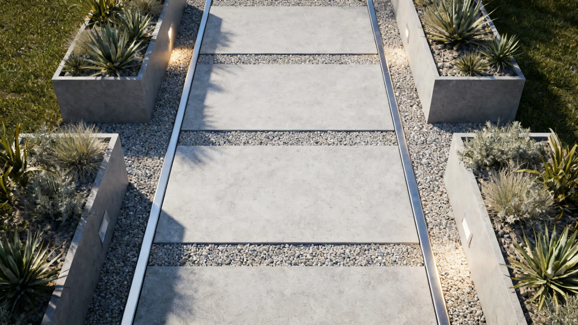 Top-down view of paver pathway with gravel bands and symmetrical planters leading to a ranch entry.