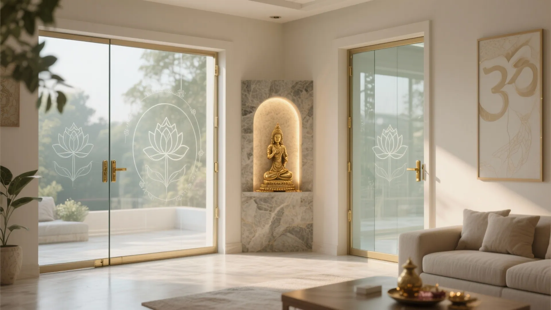 Clear glass doors with subtle etched motifs for light-filled corners