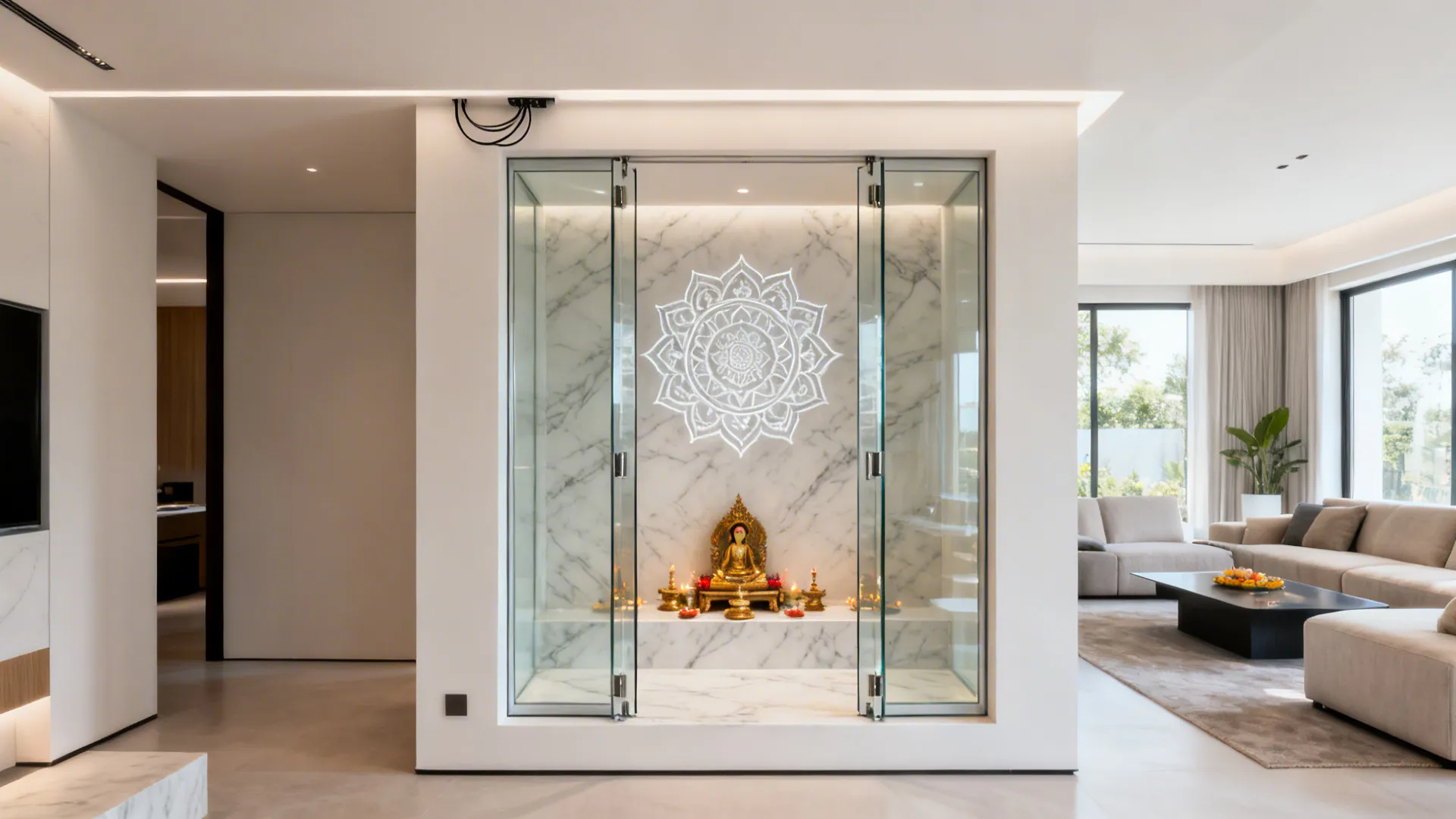 Clear double glass doors with a subtle etched mandala revealing a tidy shrine.