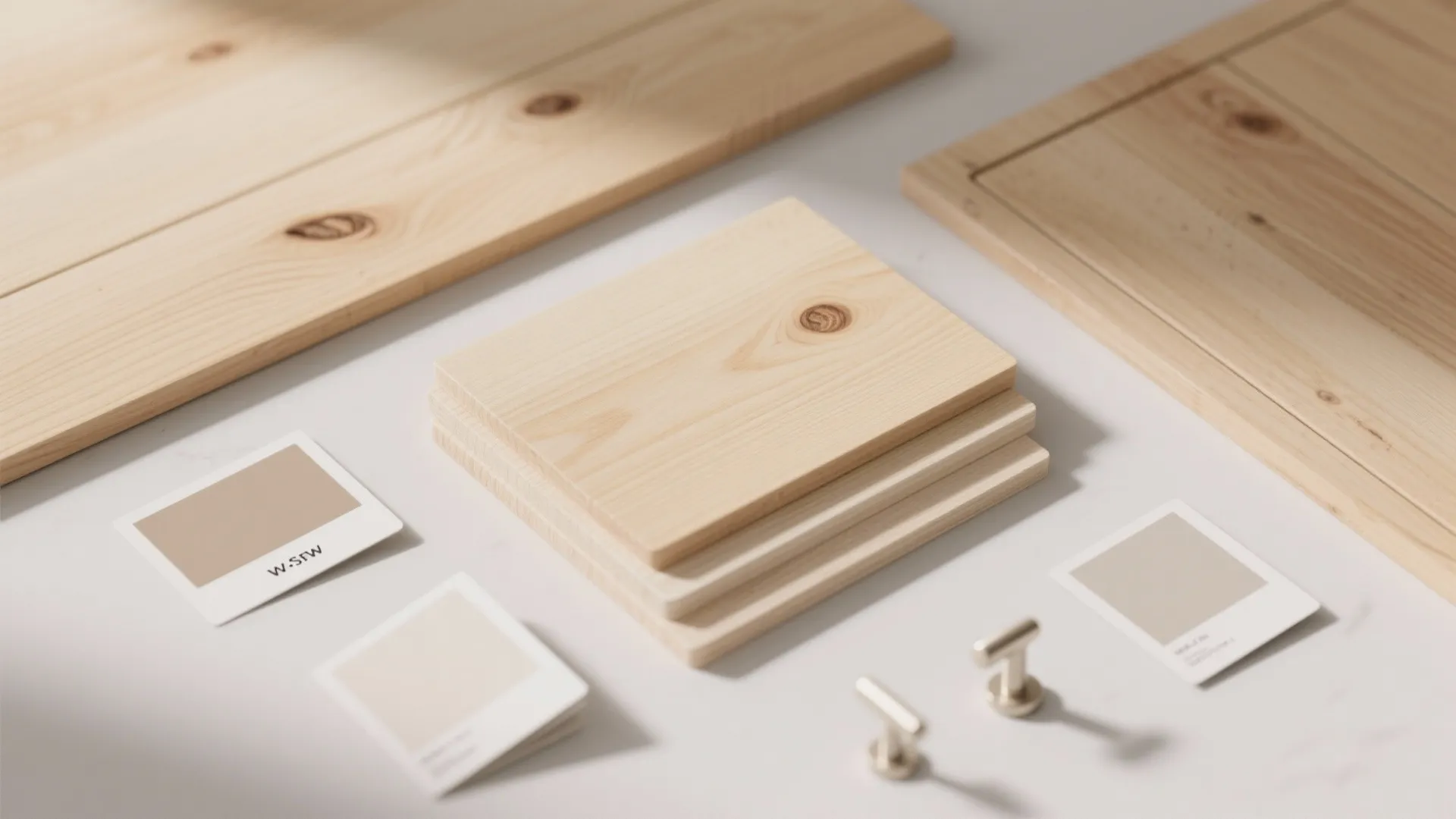 Light wood samples small color cards and metal door handles displayed on a clean surface