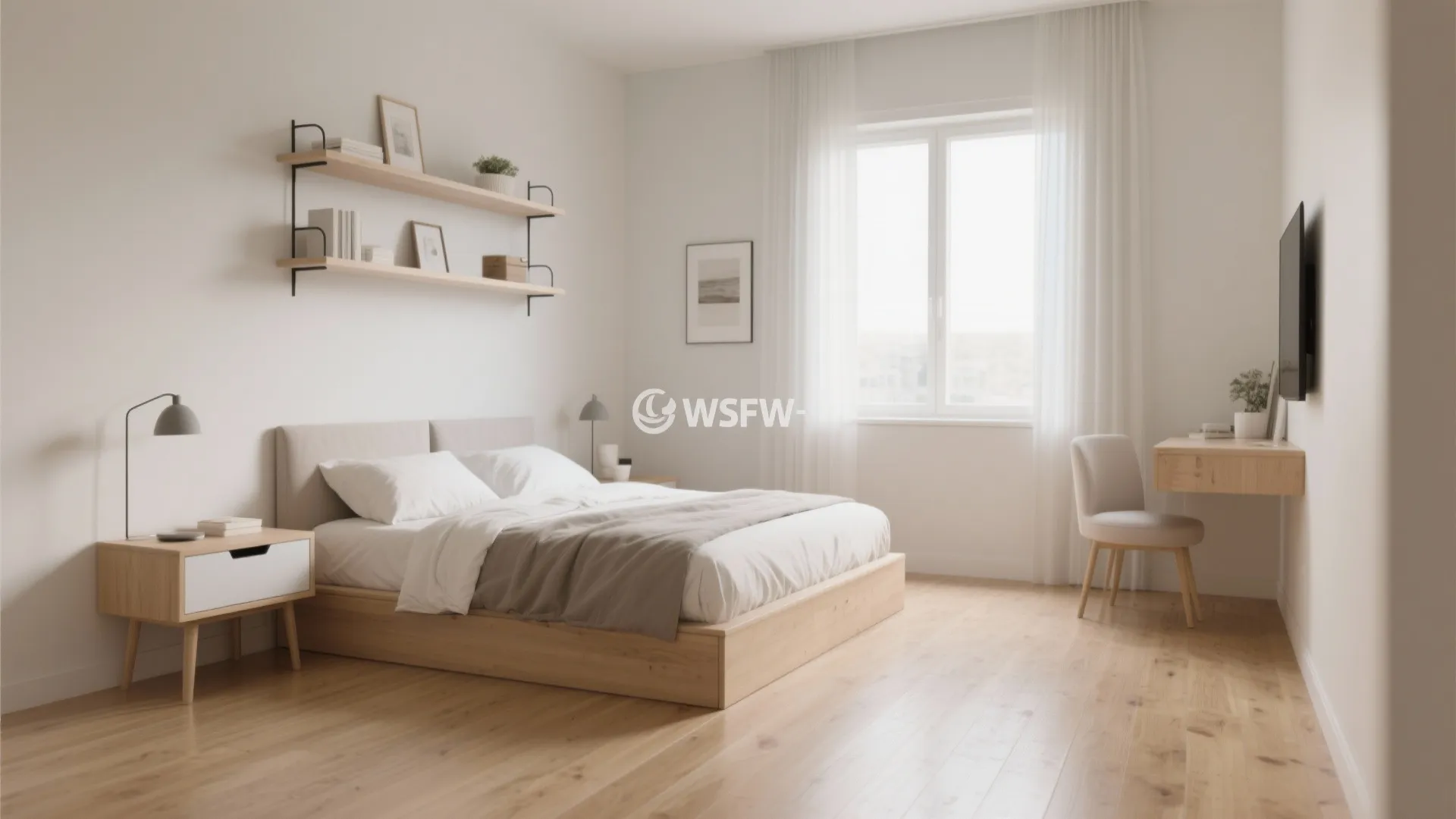 Modern minimal bedroom featuring a wooden bed frame white walls light wood floor and study desk