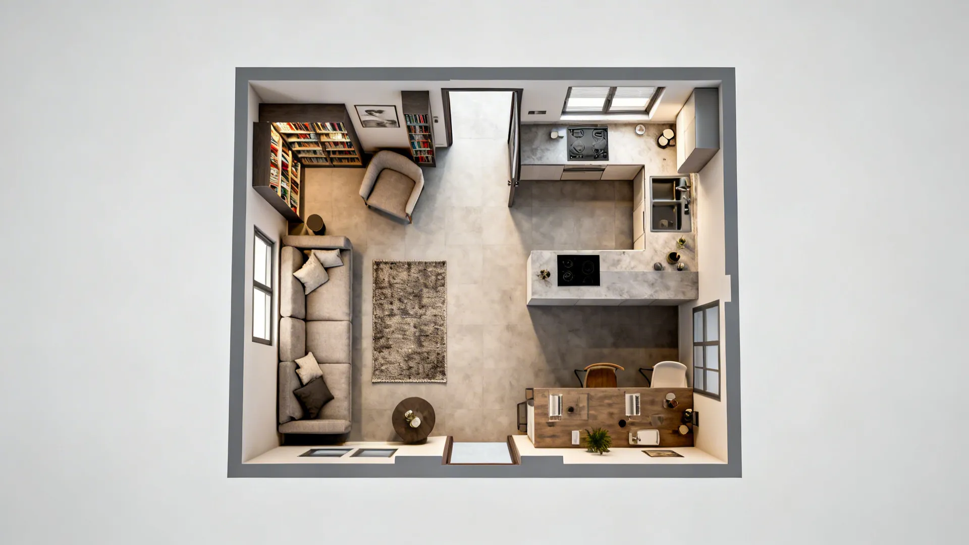 Top-down view of a small living-kitchen layout with clear pathways and anchored seating