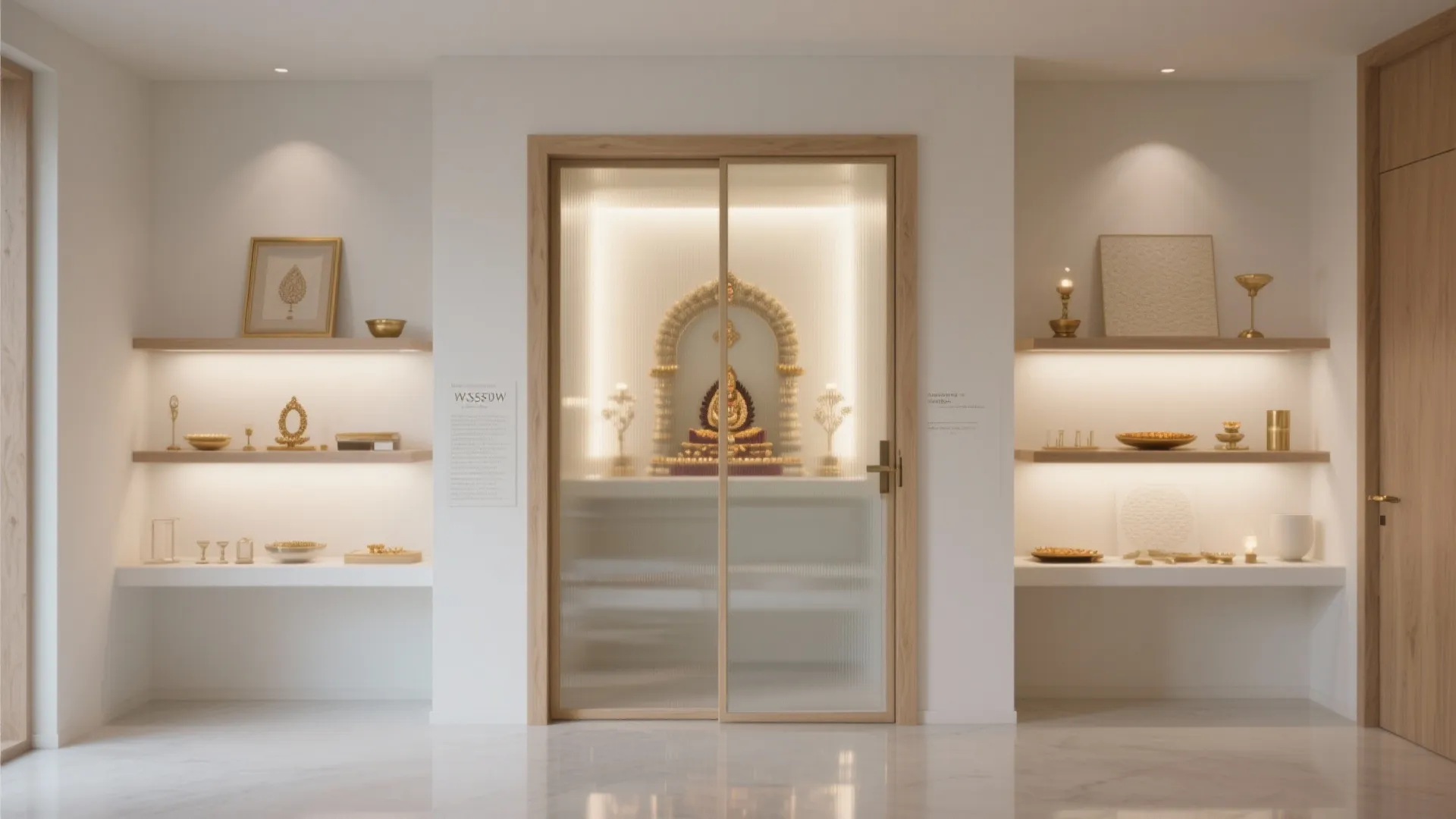 White room with glass sliding door, golden statue inside, wooden wall shelves, and warm light