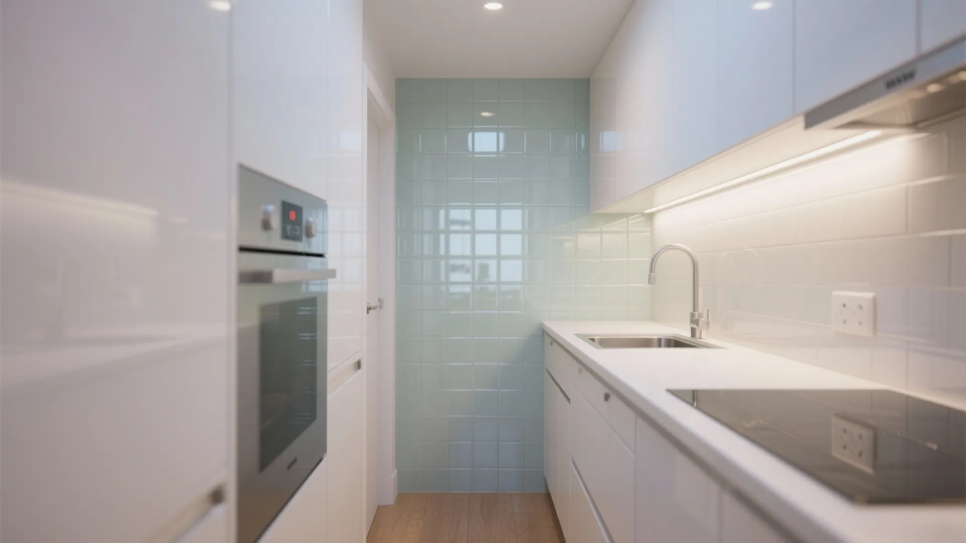 Narrow white kitchen with light blue tiled wall, silver faucet, induction cooktop, and wood floor