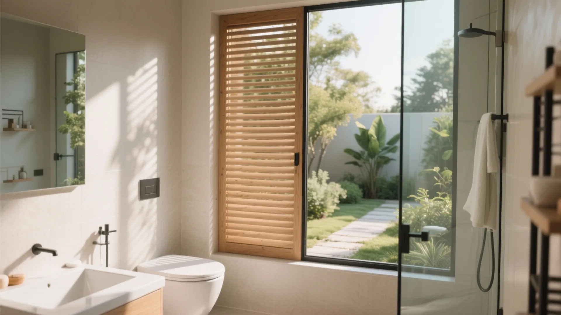 Clear glass bathroom window with external wooden privacy louver