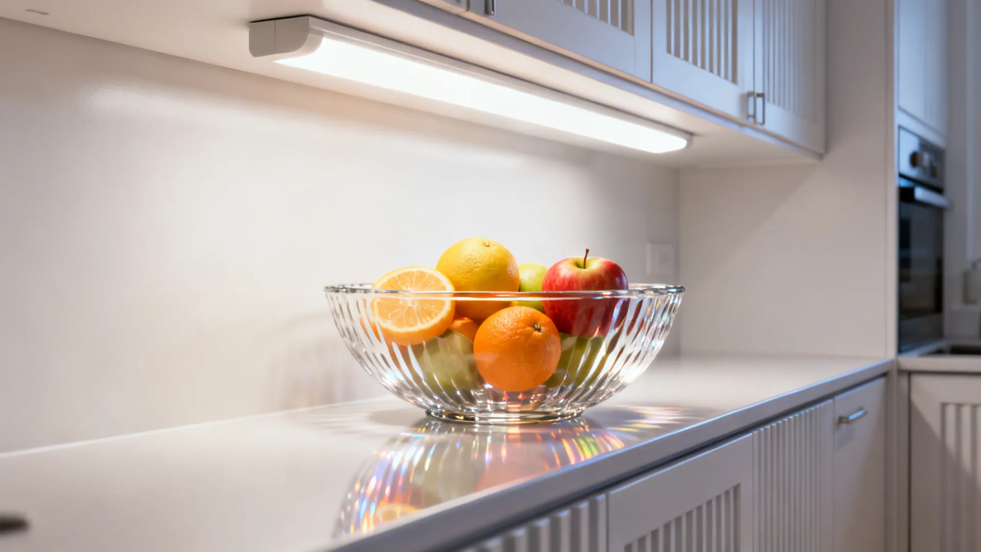 Clear rippled glass fruit bowl under cabinet lighting on a slim galley counter.