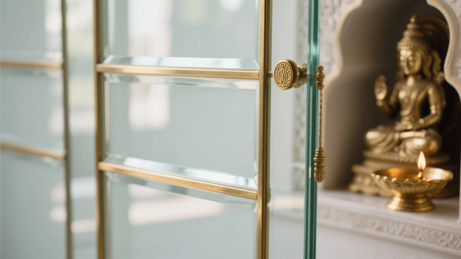 Close-up of low-iron tempered glass door framed with slim antique brass for a modern shrine.