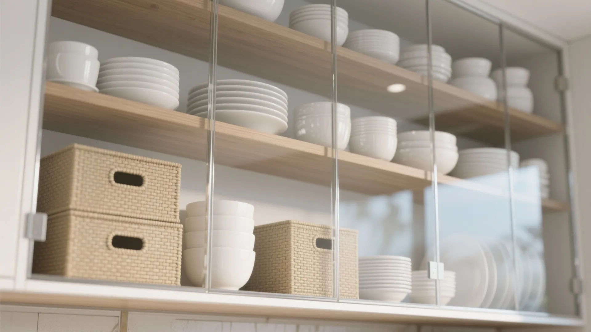 Clear-glass upper cabinet with neatly arranged white dishes and matching storage boxes creating visual depth.