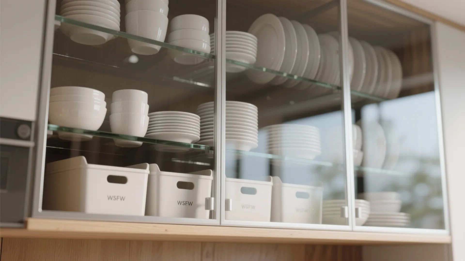 Close up of clear glass kitchen cabinet doors showing organized white plates bowls and storage bins