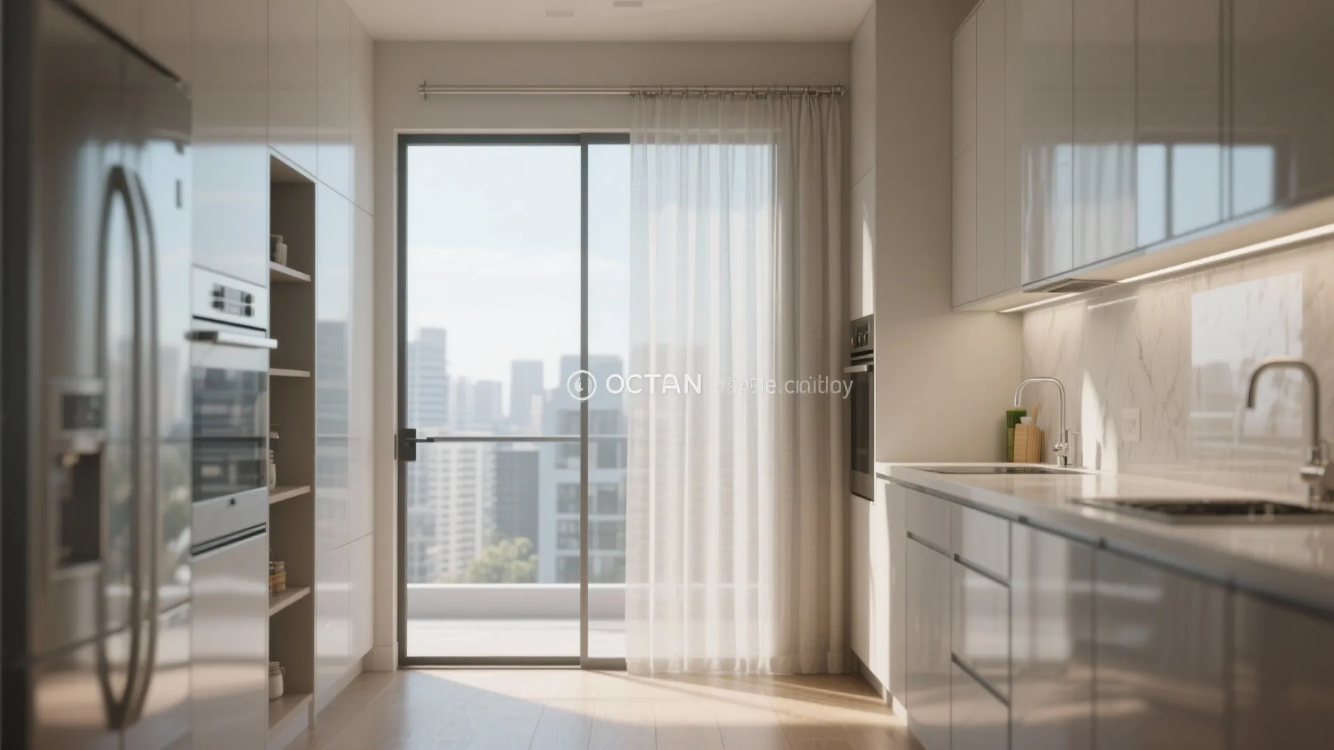 Modern kitchen with clear glass pantry door and internal roller curtain for optional privacy.