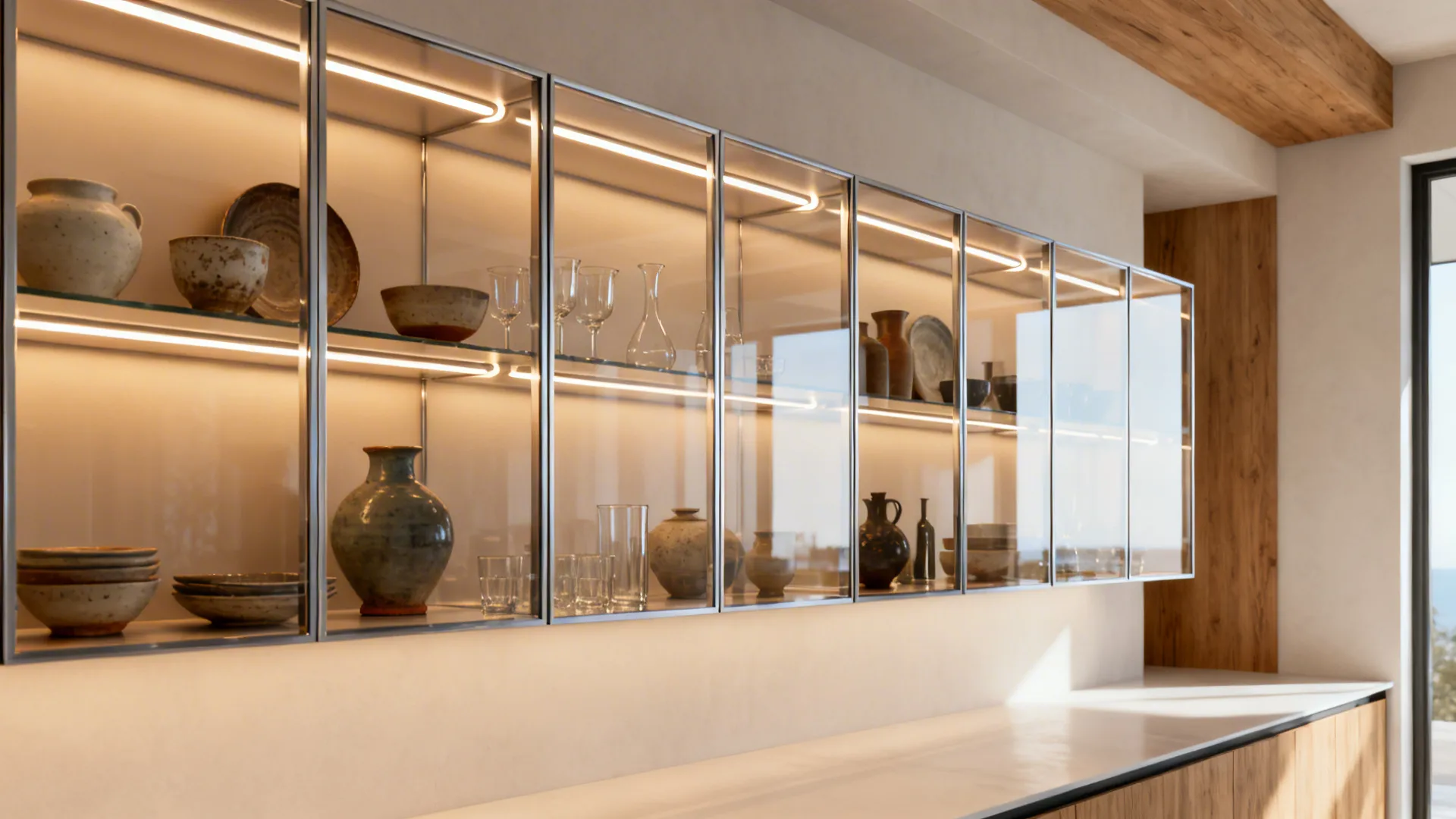 Clear glass cabinets with softly lit shelves showcasing ceramics.