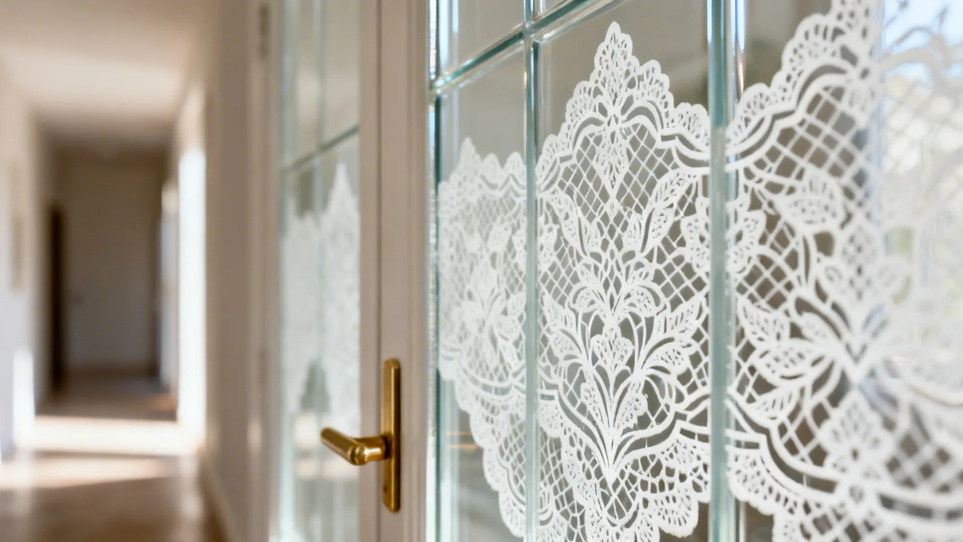 Macro of white filigree lines on clear glass with a slim brass pull.