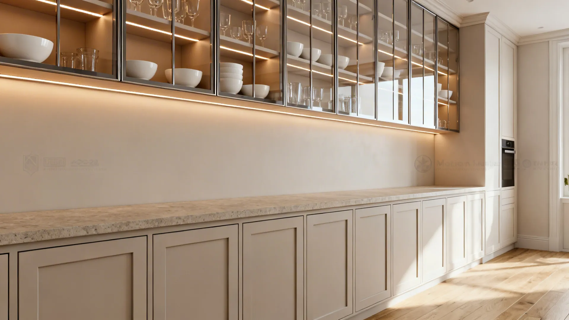 Small kitchen with clear glass shaker-frame upper cabinets and softly lit shelves.