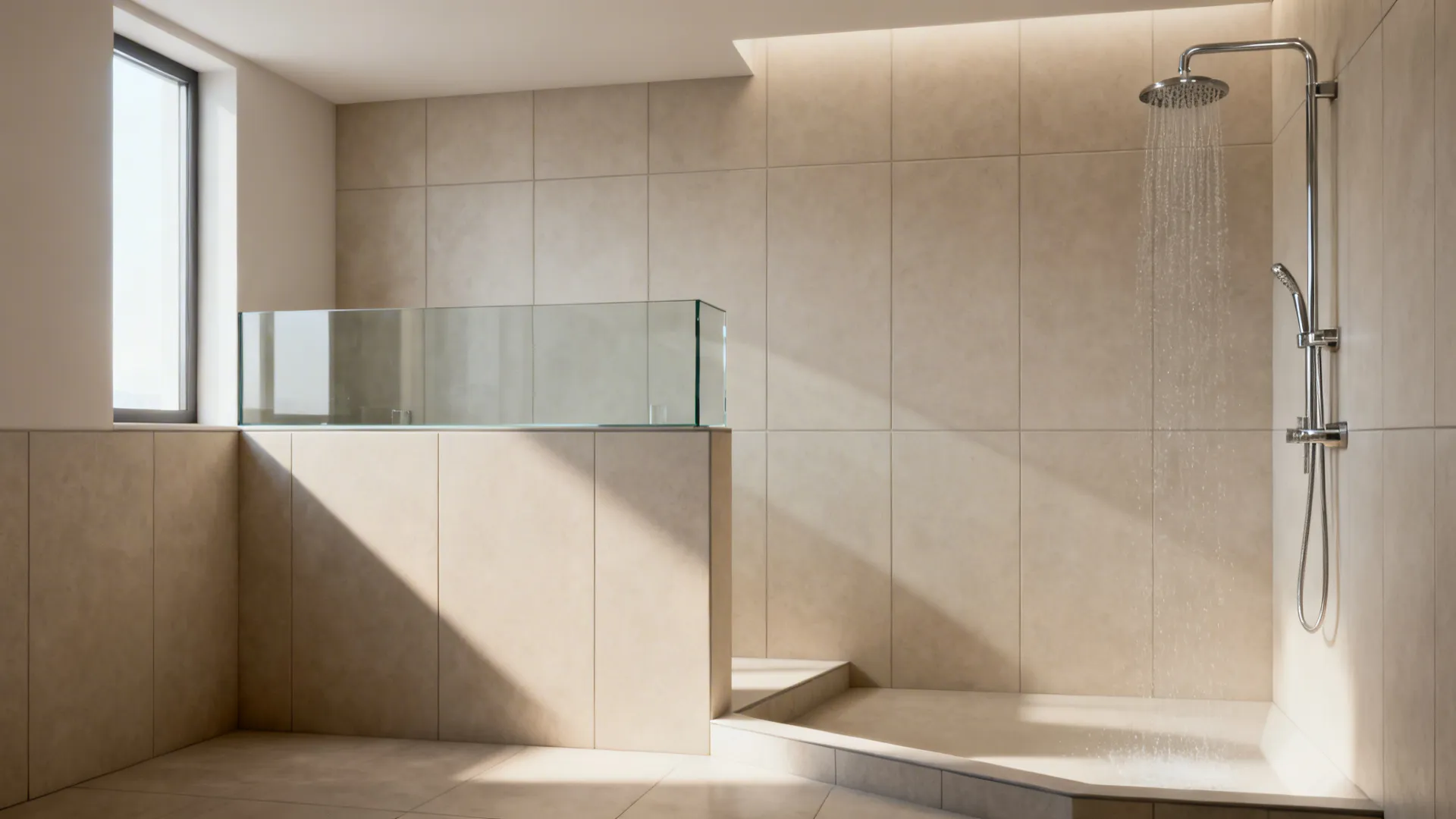 Minimalist walk-in shower with a low tiled half wall topped by frameless clear glass and a slight curb.