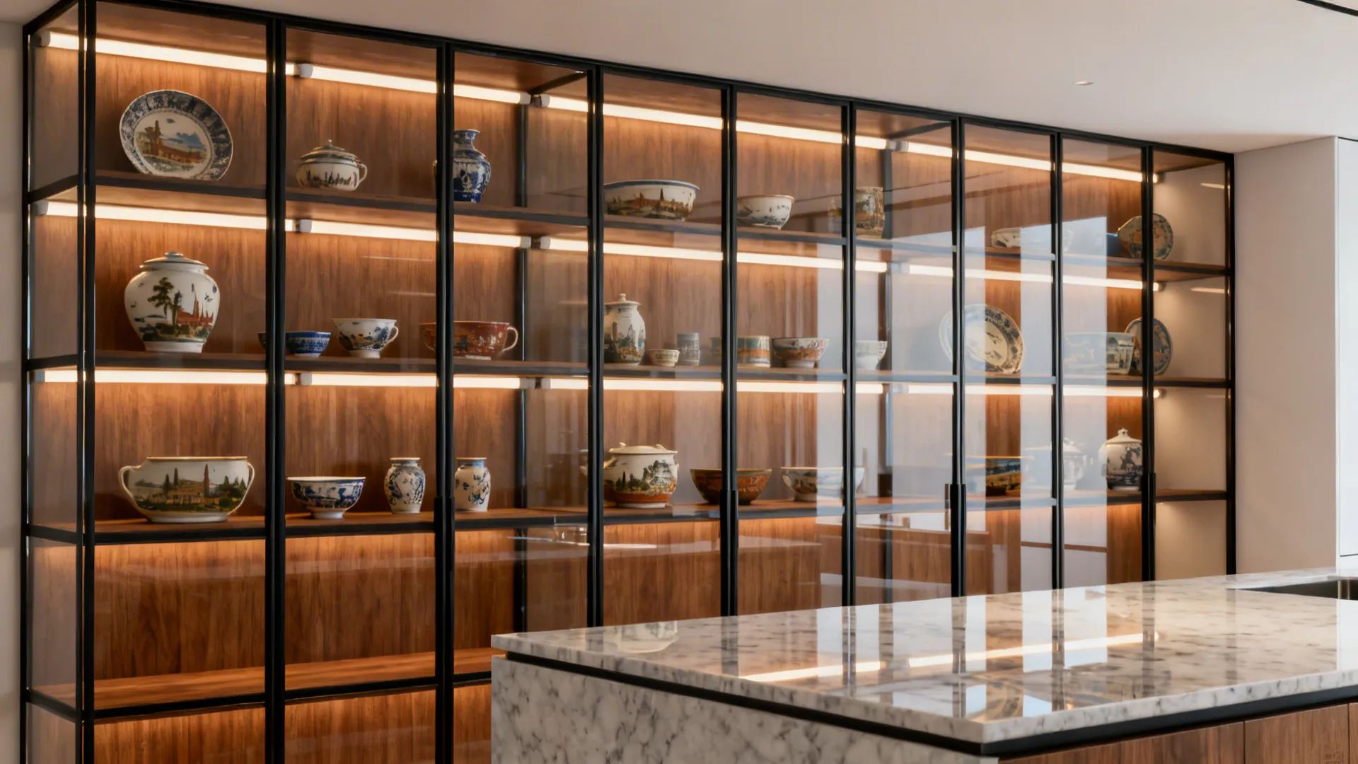 Clear glass cabinet doors with slim black mullions displaying ceramics with warm LEDs.