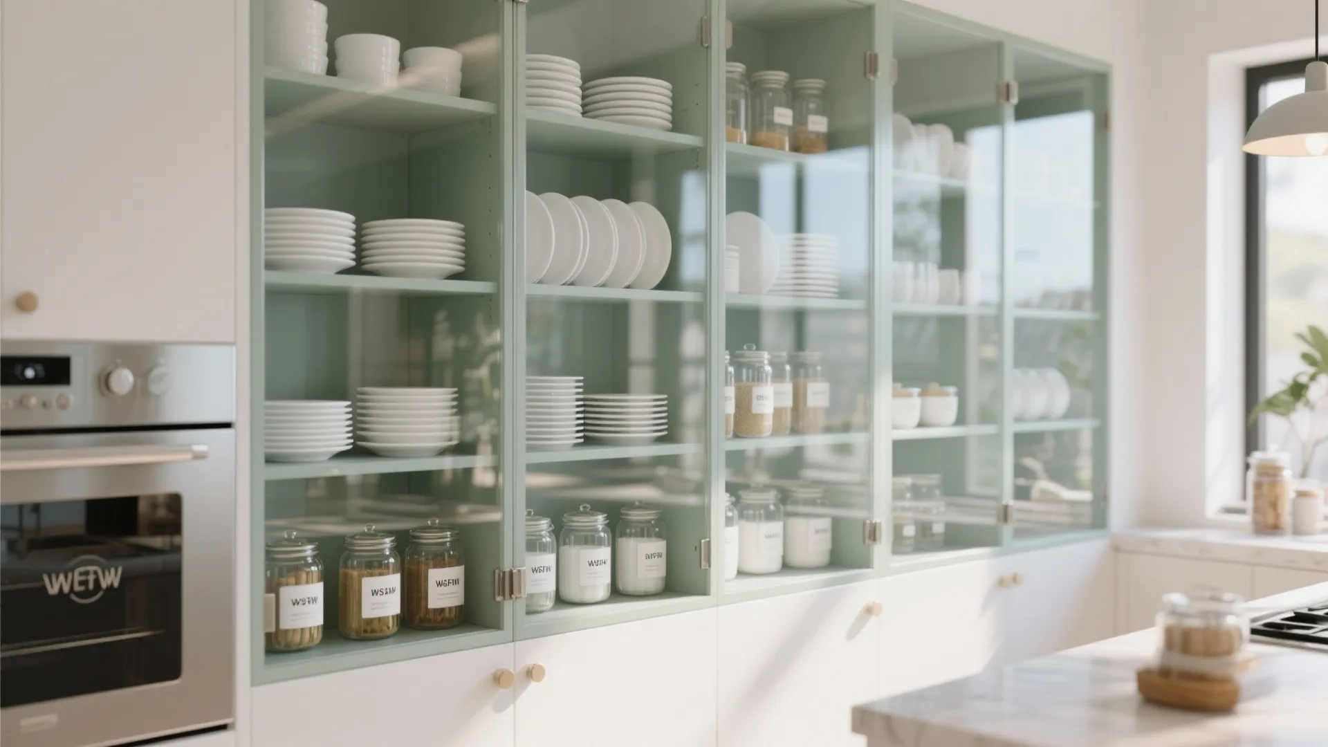 Clear glass cabinets with coordinated white plates and labeled jars arranged neatly