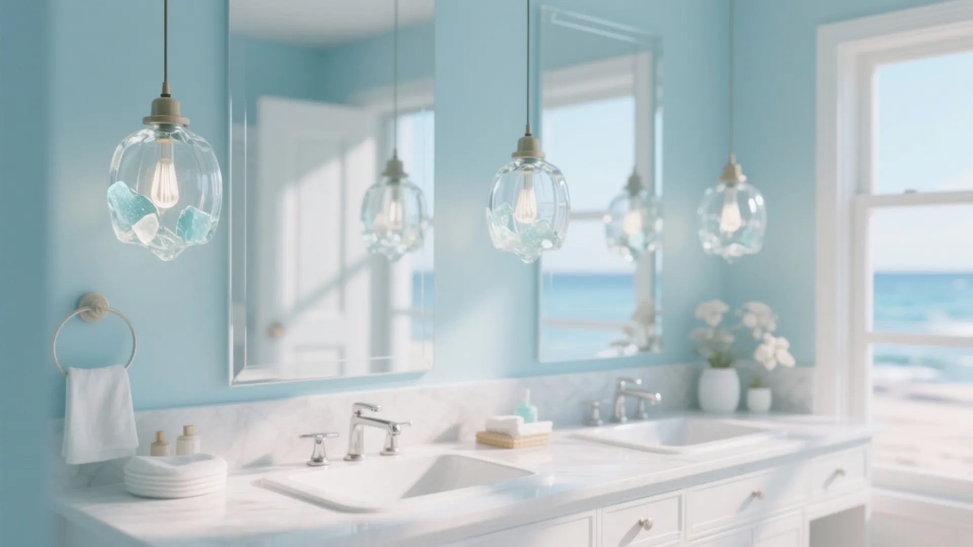 Light blue bathroom with white double vanity sinks mirrors and three clear glass pendant lights