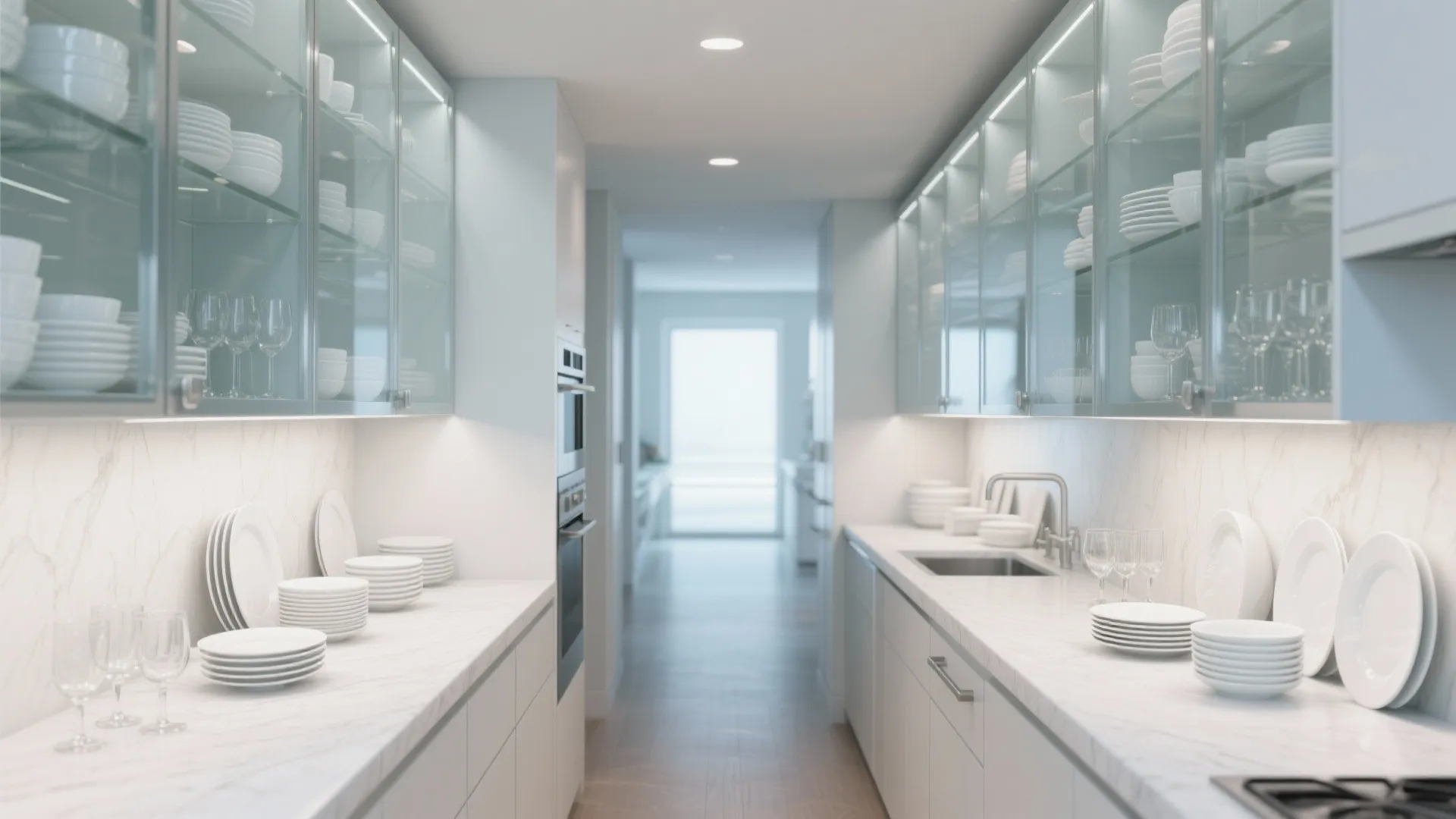 Bright narrow kitchen with white marble countertops glass front cabinets and many white dishes and glasses