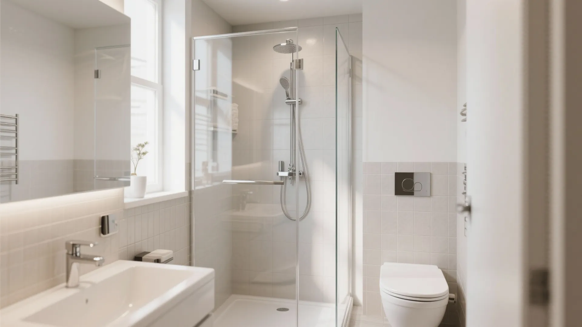 Small white bathroom design with glass shower door toilet sink and window with natural light