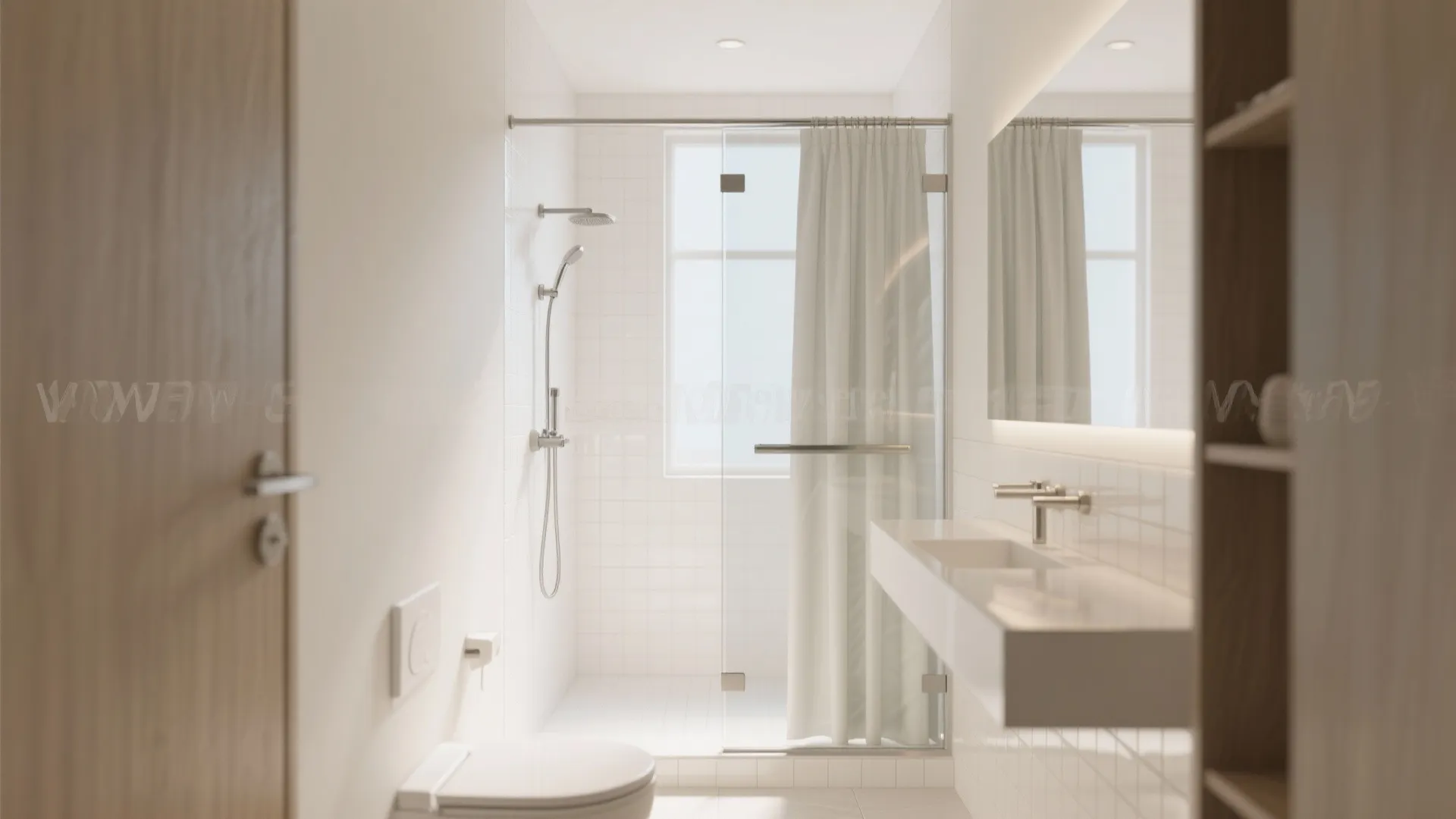 Frameless clear shower panel extends sightlines in a compact bathroom.