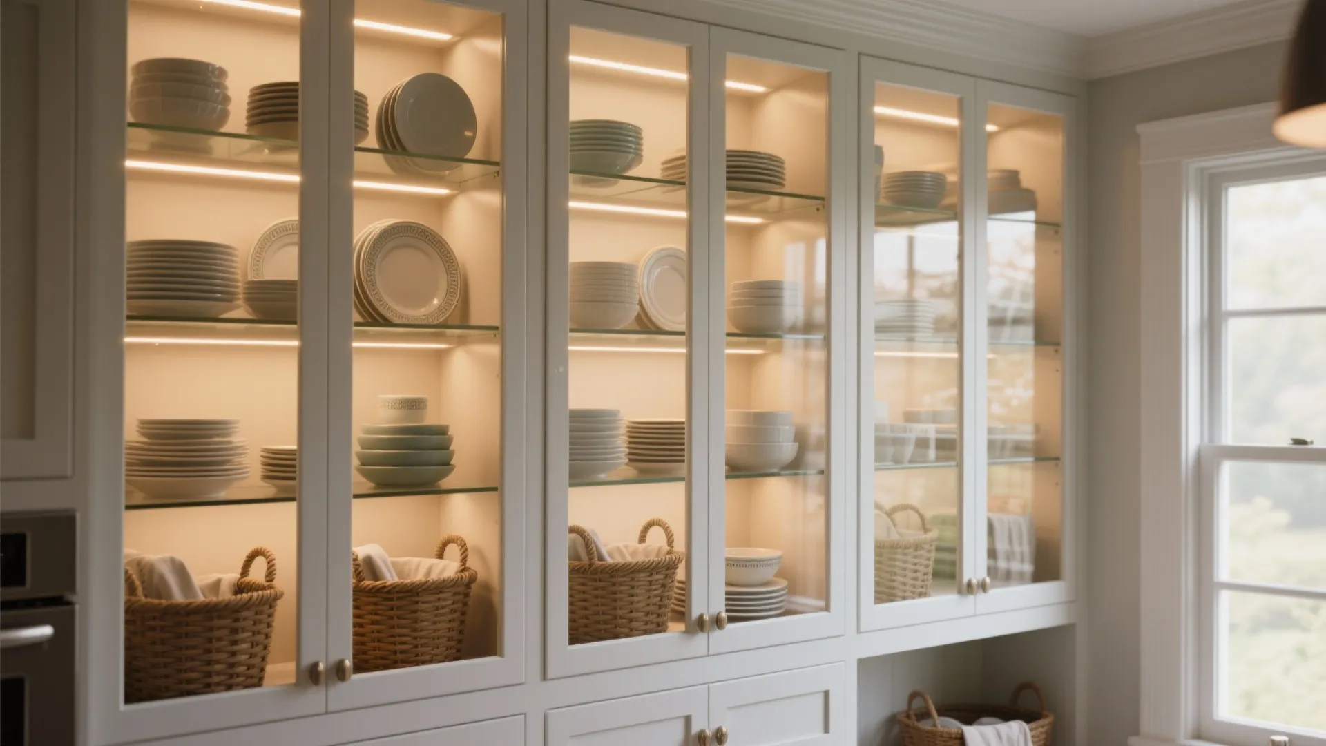 White kitchen cabinet with glass doors and built in lights showing plates bowls and baskets