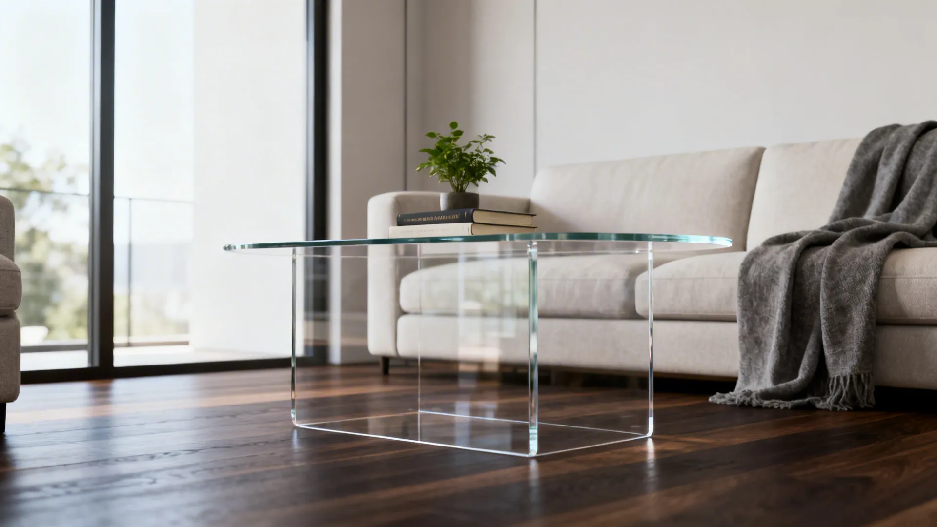 Clear glass coffee table with plant and books on wooden floor in modern living room