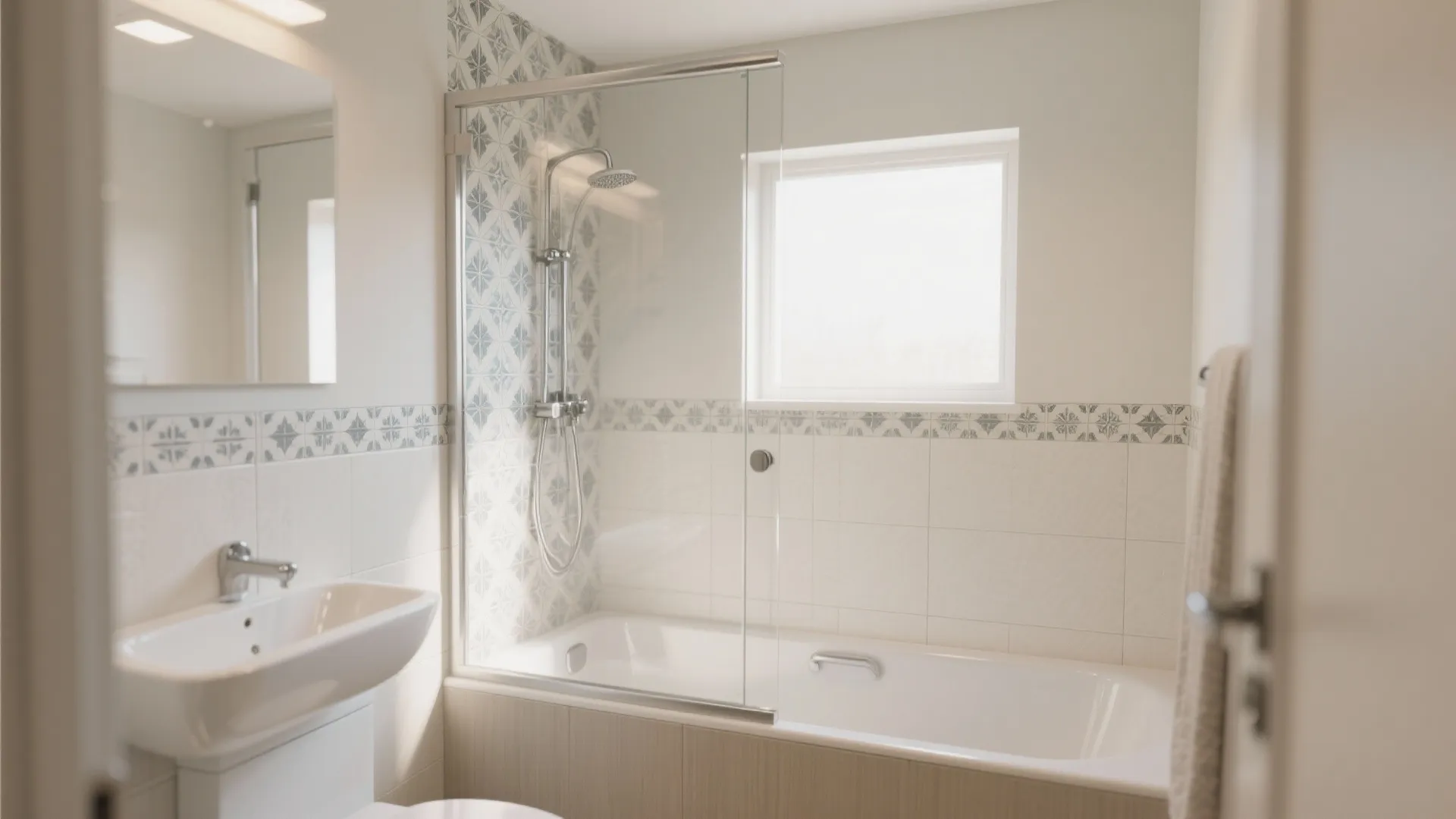 Bright bathroom interior featuring a white bathtub with glass screen sink and blue patterned tiles